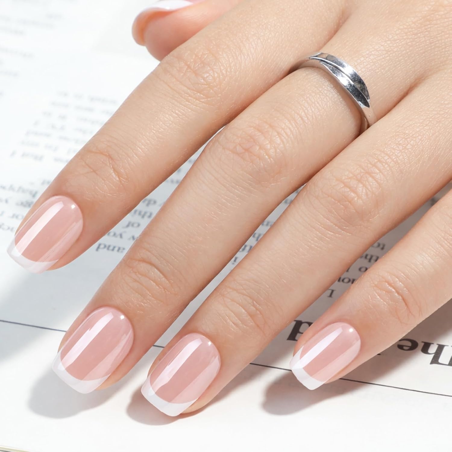 image:imageUNA GELLA Short Square Press On Nails 32 Pcs 16 Sizes Soft Gel Fake Nails Sheer Jelly Light Pink Glossy False Nails for Women Reusable Stick On Nails Kit with Glue and Adhesive TabsQuiet Luxury French