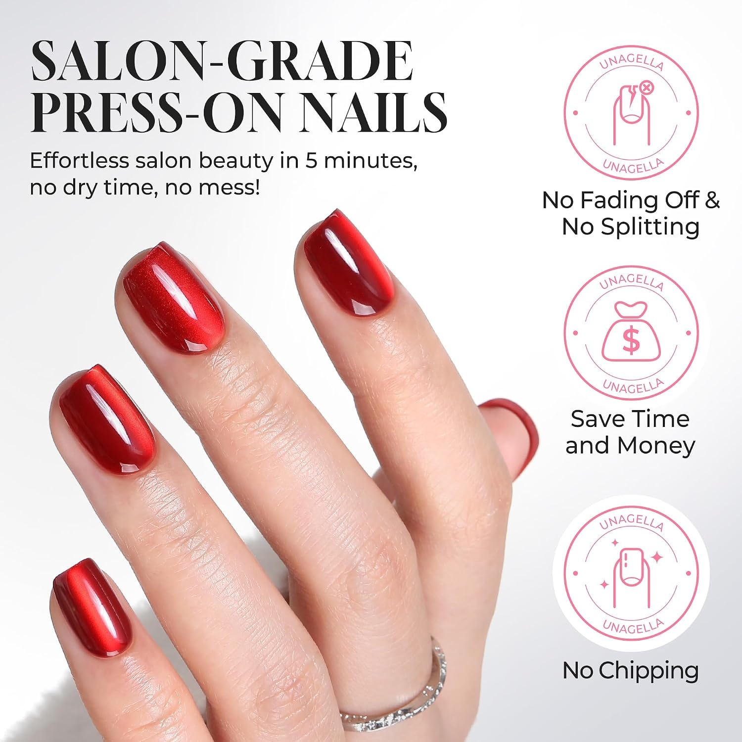 image:imageUNA GELLA Short Square Press On Nails 32 Pcs 16 Sizes Soft Gel Fake Nails Sheer Jelly Light Pink Glossy False Nails for Women Reusable Stick On Nails Kit with Glue and Adhesive TabsVelvet Crimson