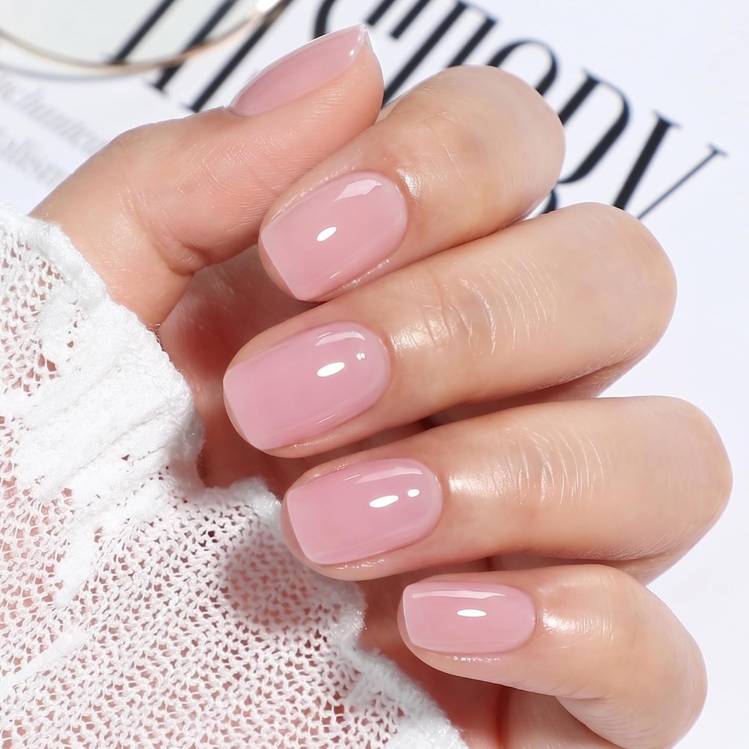 image:imageUNA GELLA Short Square Press On Nails 32 Pcs 16 Sizes Soft Gel Fake Nails Sheer Jelly Light Pink Glossy False Nails for Women Reusable Stick On Nails Kit with Glue and Adhesive TabsJelly Blush