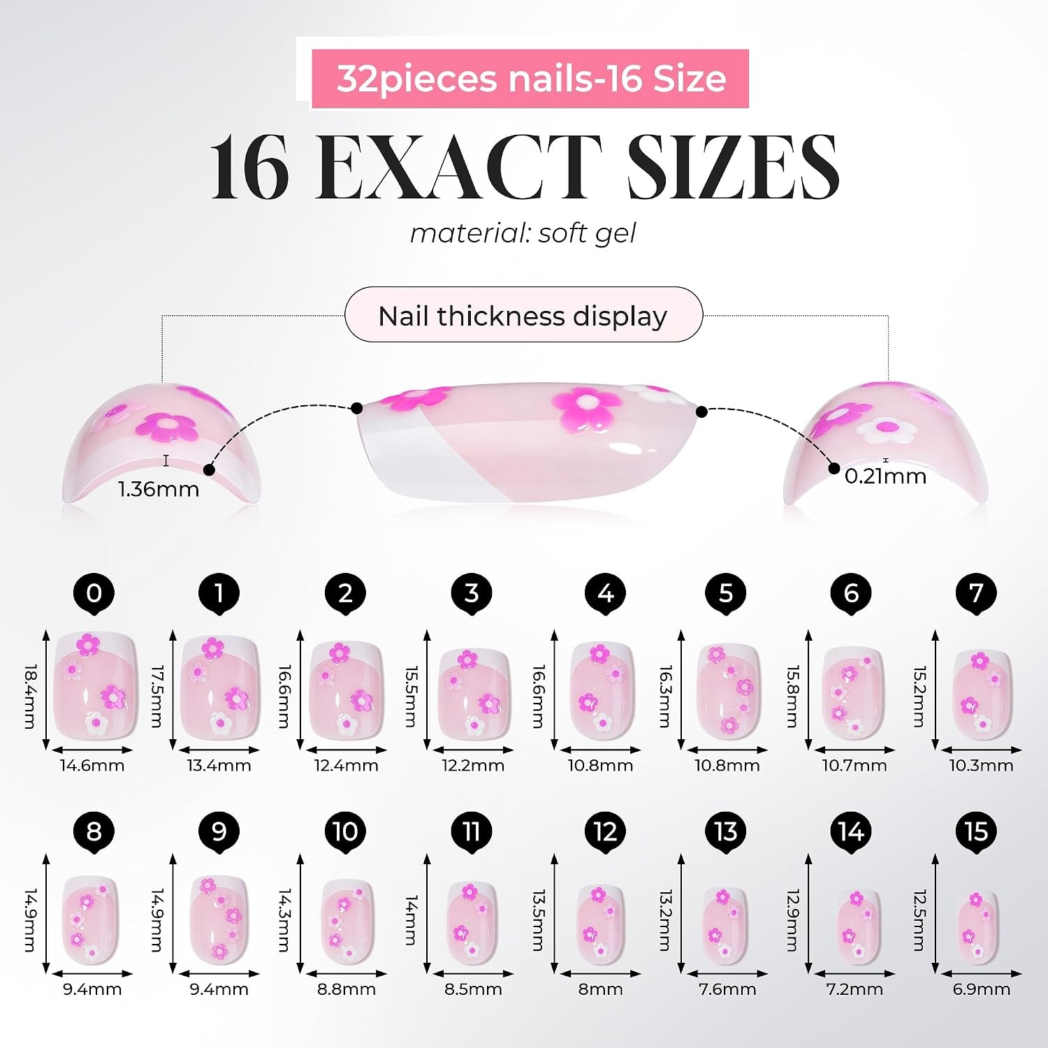 image:imageUNA GELLA Short Square Press On Nails 32 Pcs 16 Sizes Soft Gel Fake Nails Sheer Jelly Light Pink Glossy False Nails for Women Reusable Stick On Nails Kit with Glue and Adhesive TabsHot Pink Daisy French