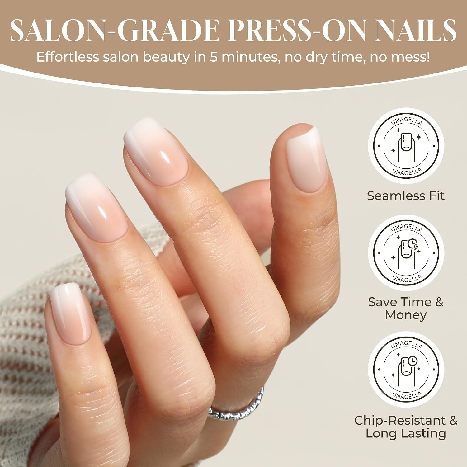 image:imageUNA GELLA Short Square Press On Nails 32 Pcs 16 Sizes Soft Gel Fake Nails Sheer Jelly Light Pink Glossy False Nails for Women Reusable Stick On Nails Kit with Glue and Adhesive TabsANude Cream