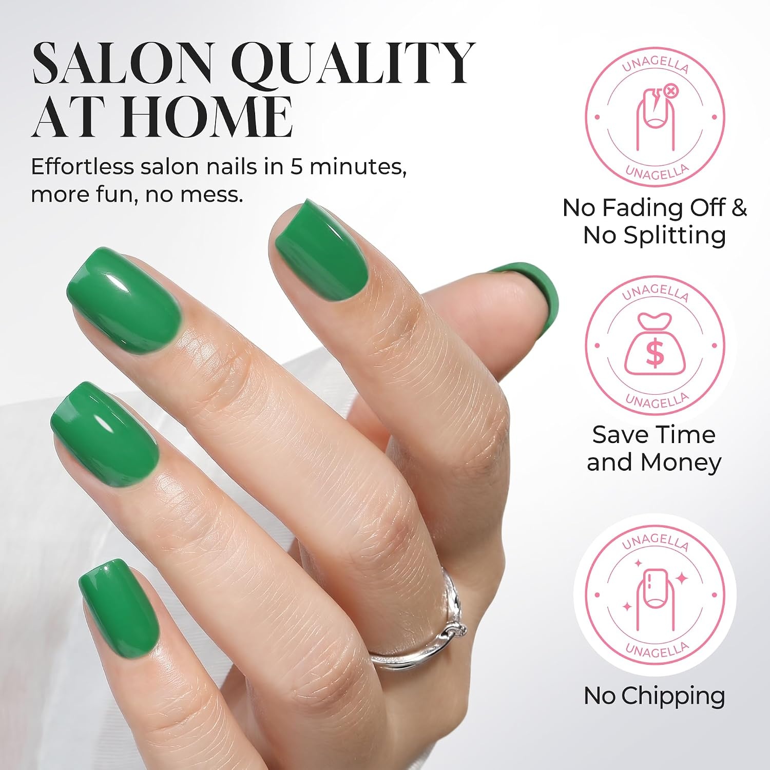 image:imageUNA GELLA Short Square Press On Nails 32 Pcs 16 Sizes Soft Gel Fake Nails Sheer Jelly Light Pink Glossy False Nails for Women Reusable Stick On Nails Kit with Glue and Adhesive TabsKelly Green