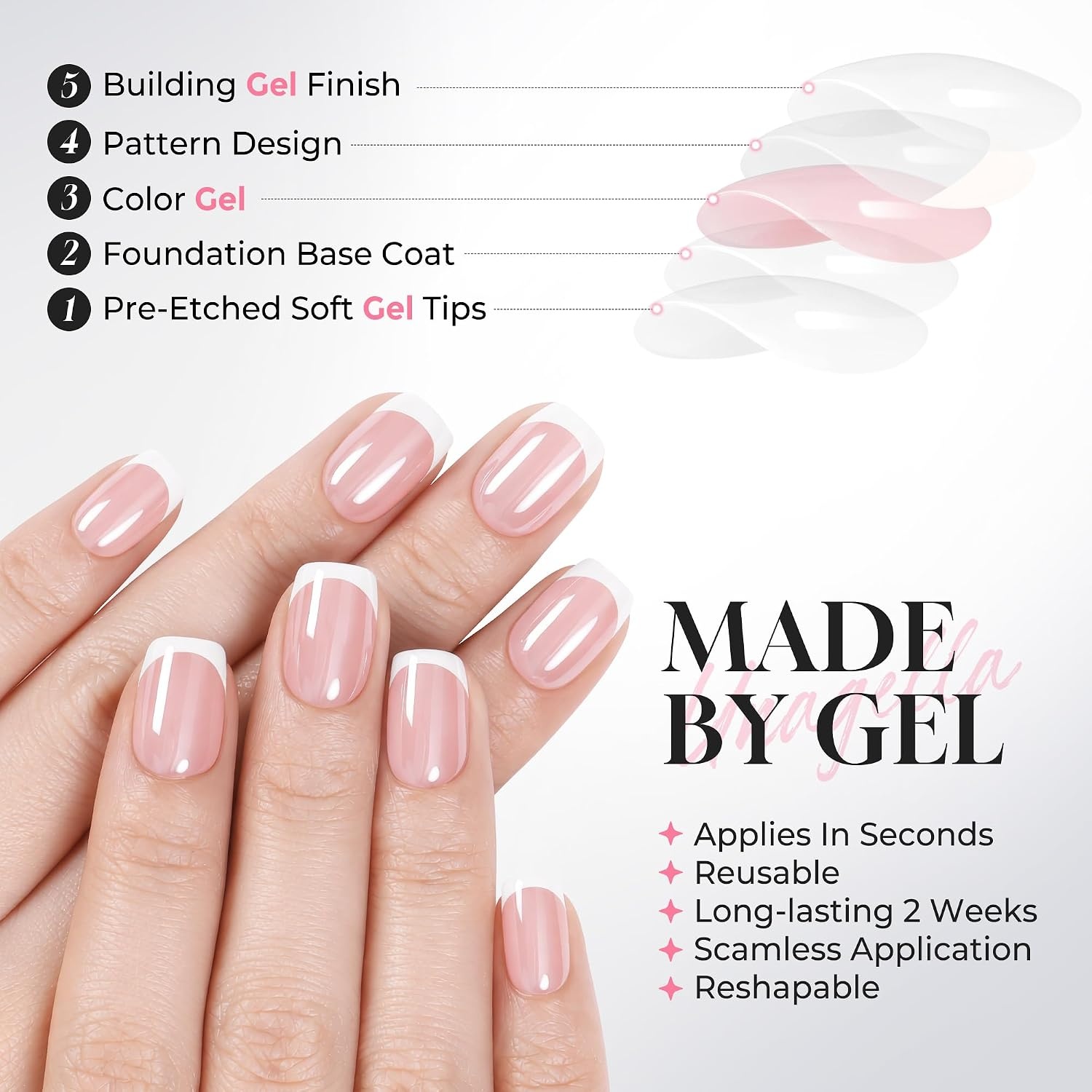 image:imageUNA GELLA Short Square Press On Nails 32 Pcs 16 Sizes Soft Gel Fake Nails Sheer Jelly Light Pink Glossy False Nails for Women Reusable Stick On Nails Kit with Glue and Adhesive TabsQuiet Luxury French