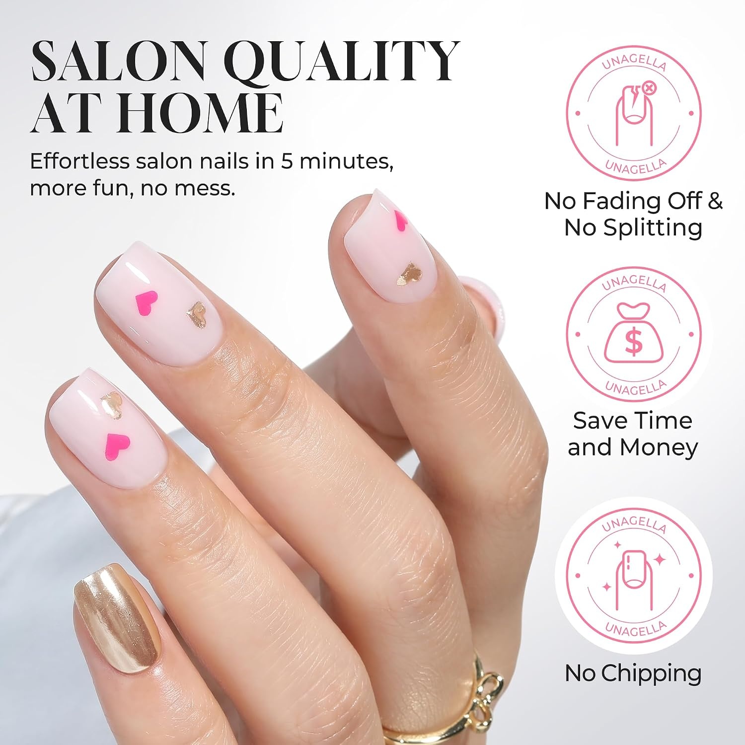 image:imageUNA GELLA Short Square Press On Nails 32 Pcs 16 Sizes Soft Gel Fake Nails Sheer Jelly Light Pink Glossy False Nails for Women Reusable Stick On Nails Kit with Glue and Adhesive TabsGolden Cupid Chic