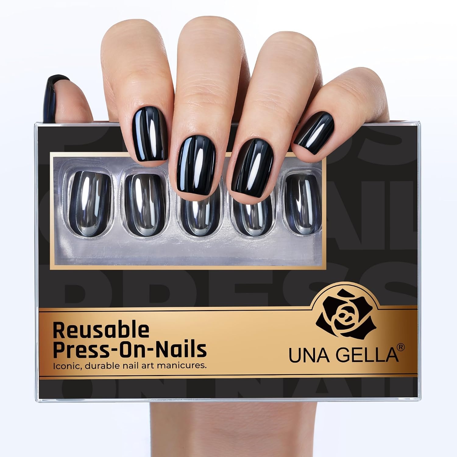 image:imageUNA GELLA Short Square Press On Nails 32 Pcs 16 Sizes Soft Gel Fake Nails Sheer Jelly Light Pink Glossy False Nails for Women Reusable Stick On Nails Kit with Glue and Adhesive TabsMidnight Obsidian