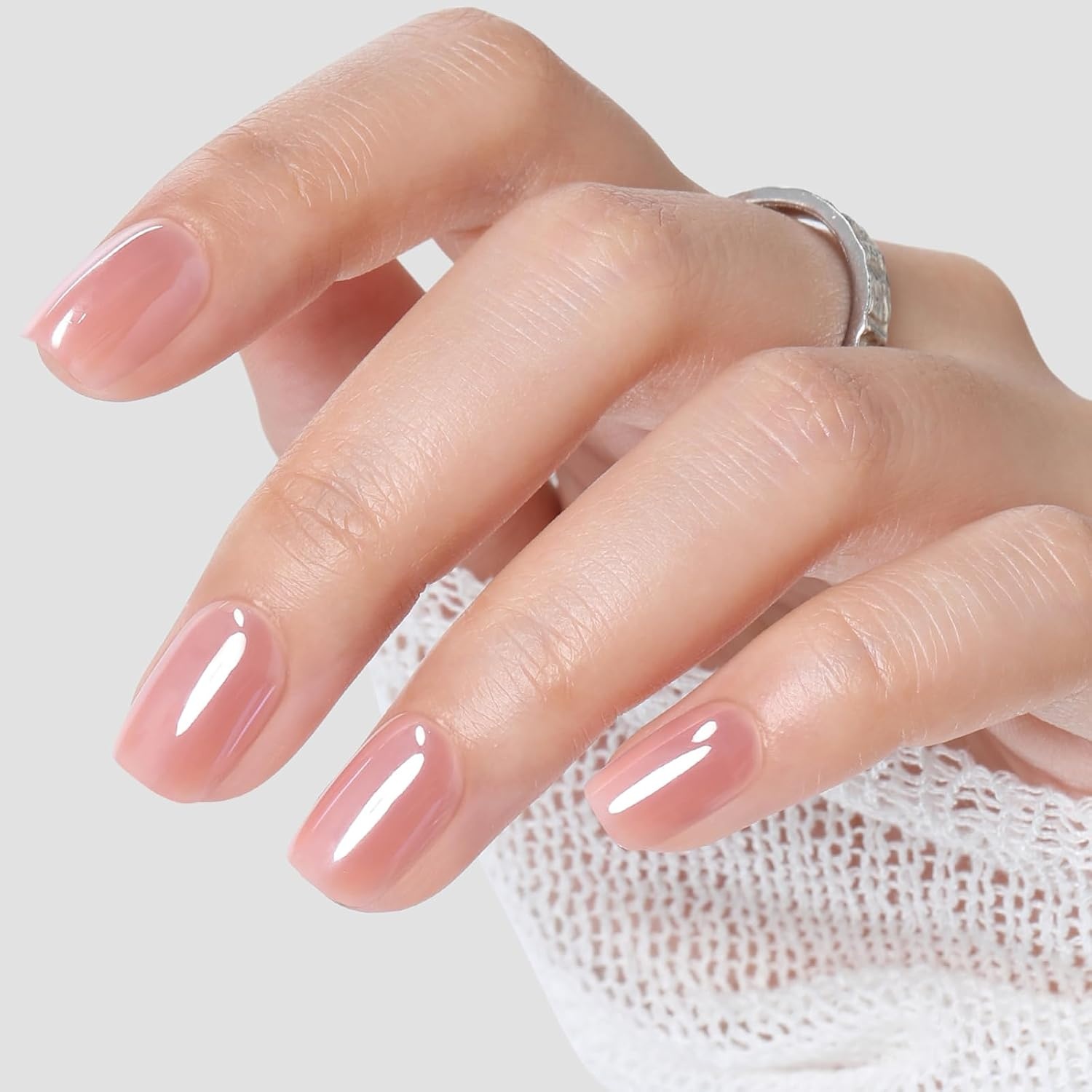 image:imageUNA GELLA Short Square Press On Nails 32 Pcs 16 Sizes Soft Gel Fake Nails Sheer Jelly Light Pink Glossy False Nails for Women Reusable Stick On Nails Kit with Glue and Adhesive TabsChrome Nude Pink