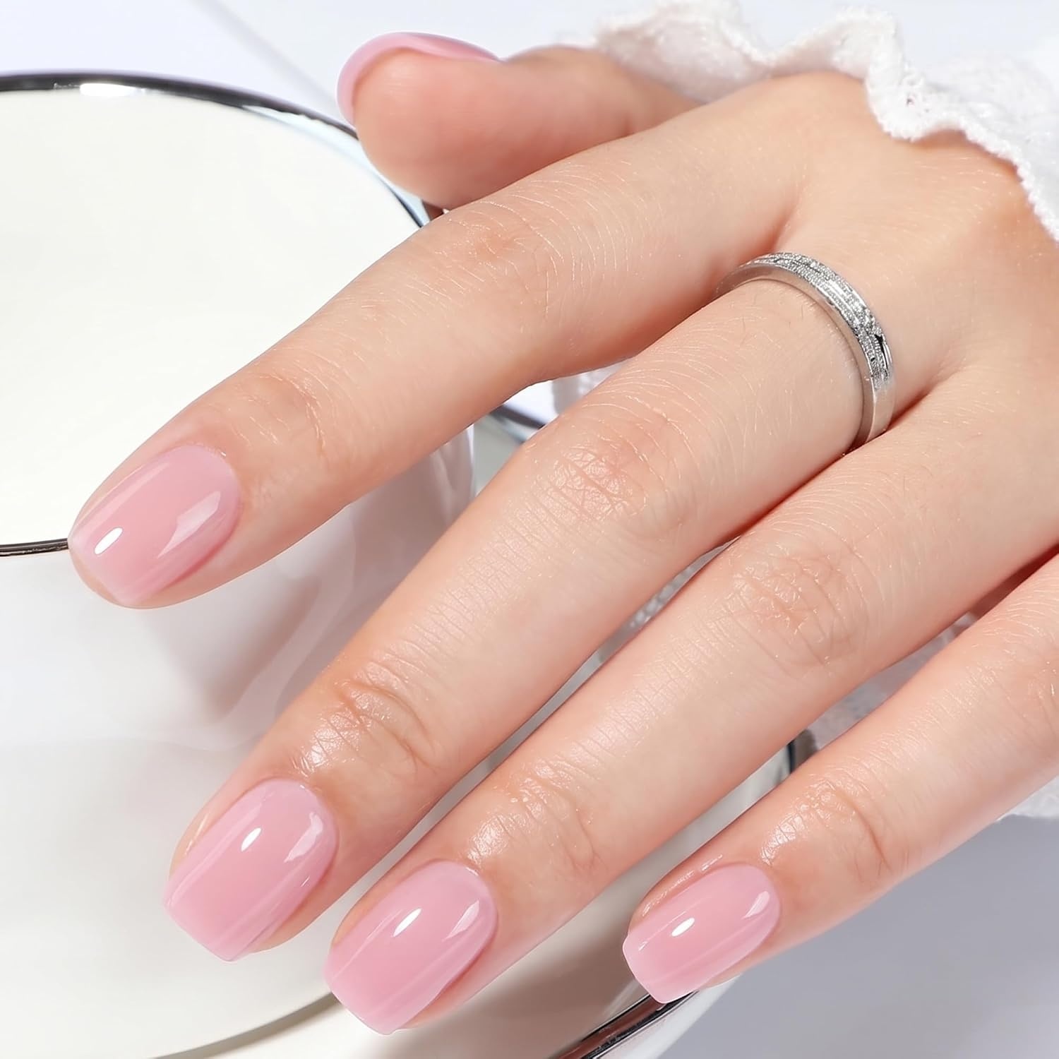 image:imageUNA GELLA Short Square Press On Nails 32 Pcs 16 Sizes Soft Gel Fake Nails Sheer Jelly Light Pink Glossy False Nails for Women Reusable Stick On Nails Kit with Glue and Adhesive TabsJelly Blush