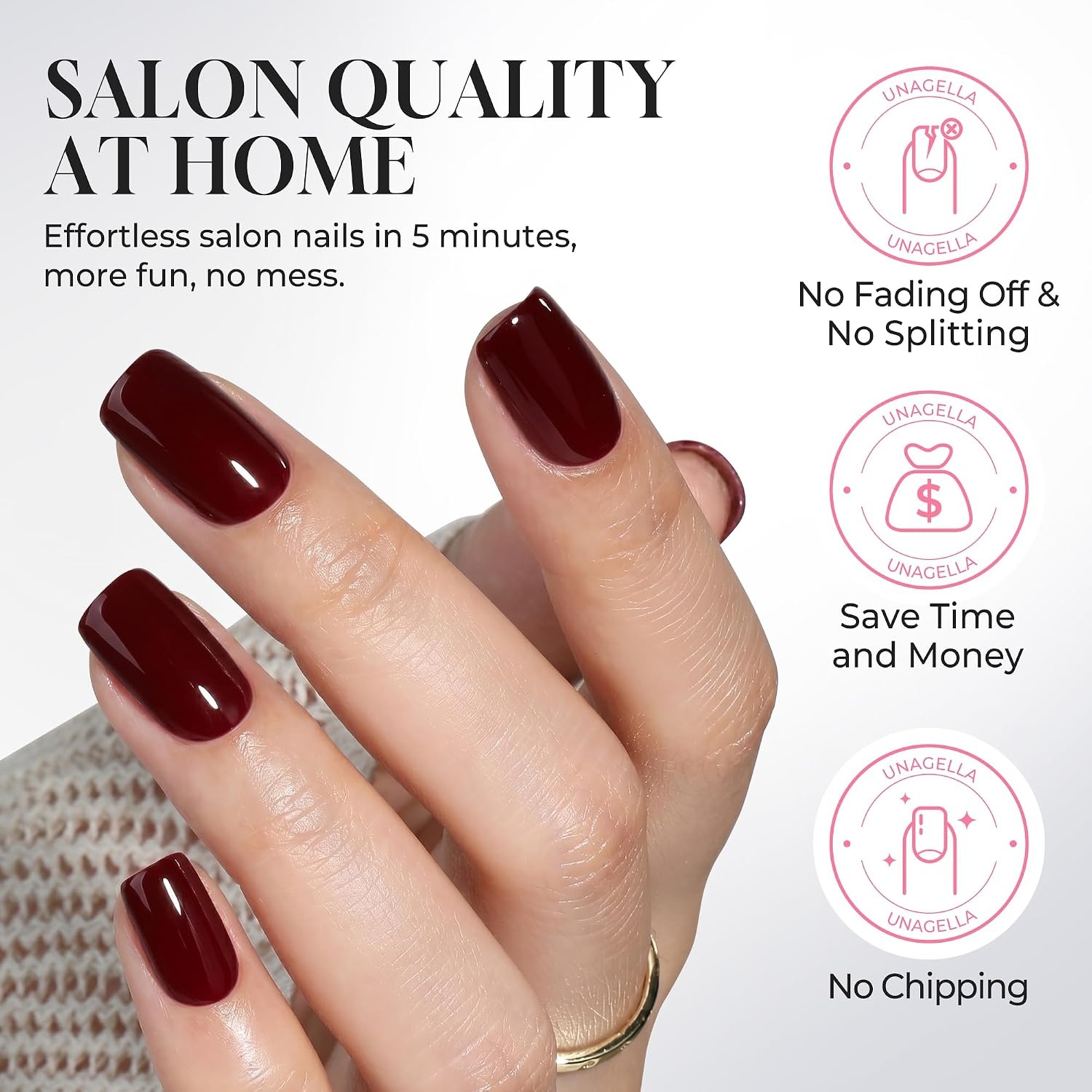 image:imageUNA GELLA Short Square Press On Nails 32 Pcs 16 Sizes Soft Gel Fake Nails Sheer Jelly Light Pink Glossy False Nails for Women Reusable Stick On Nails Kit with Glue and Adhesive TabsModern Burgundy