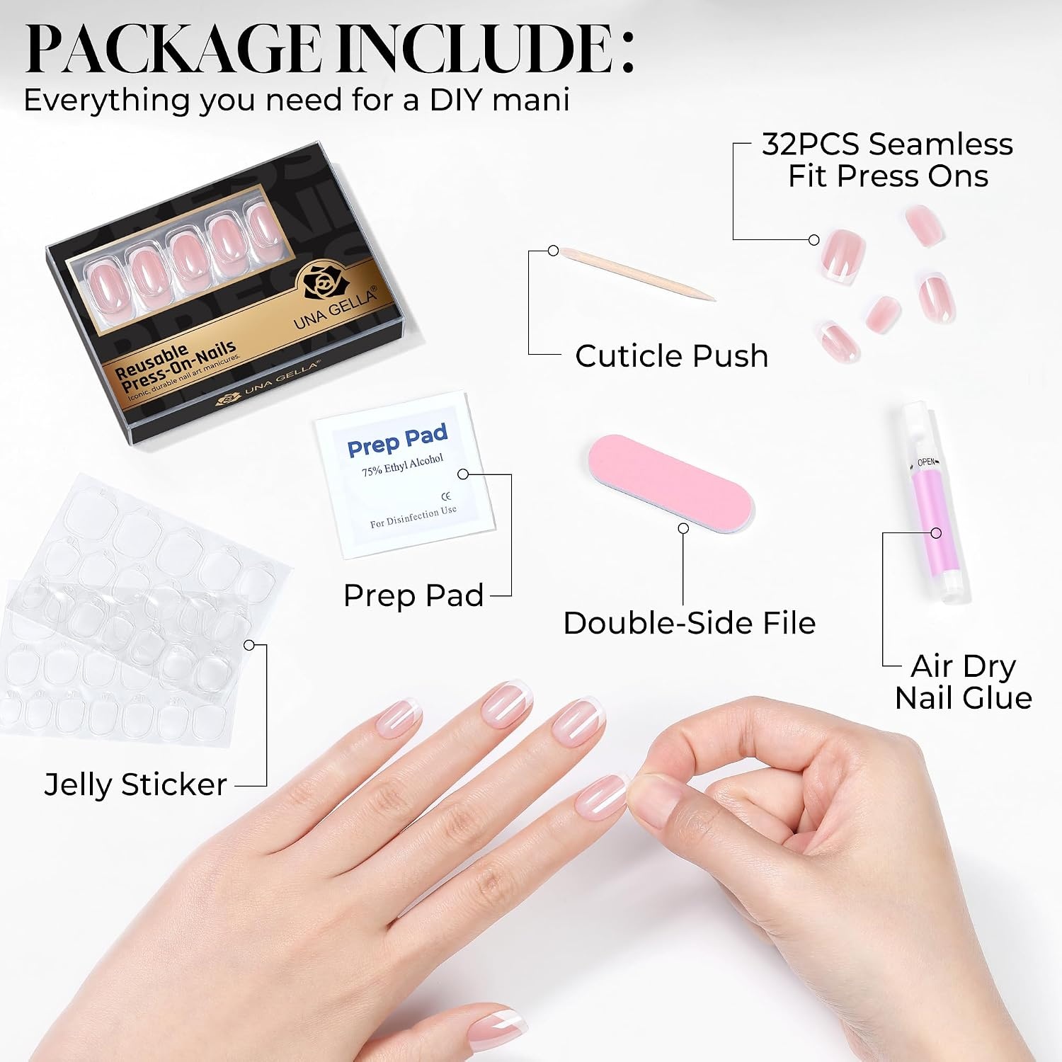 image:imageUNA GELLA Short Square Press On Nails 32 Pcs 16 Sizes Soft Gel Fake Nails Sheer Jelly Light Pink Glossy False Nails for Women Reusable Stick On Nails Kit with Glue and Adhesive TabsQuiet Luxury French