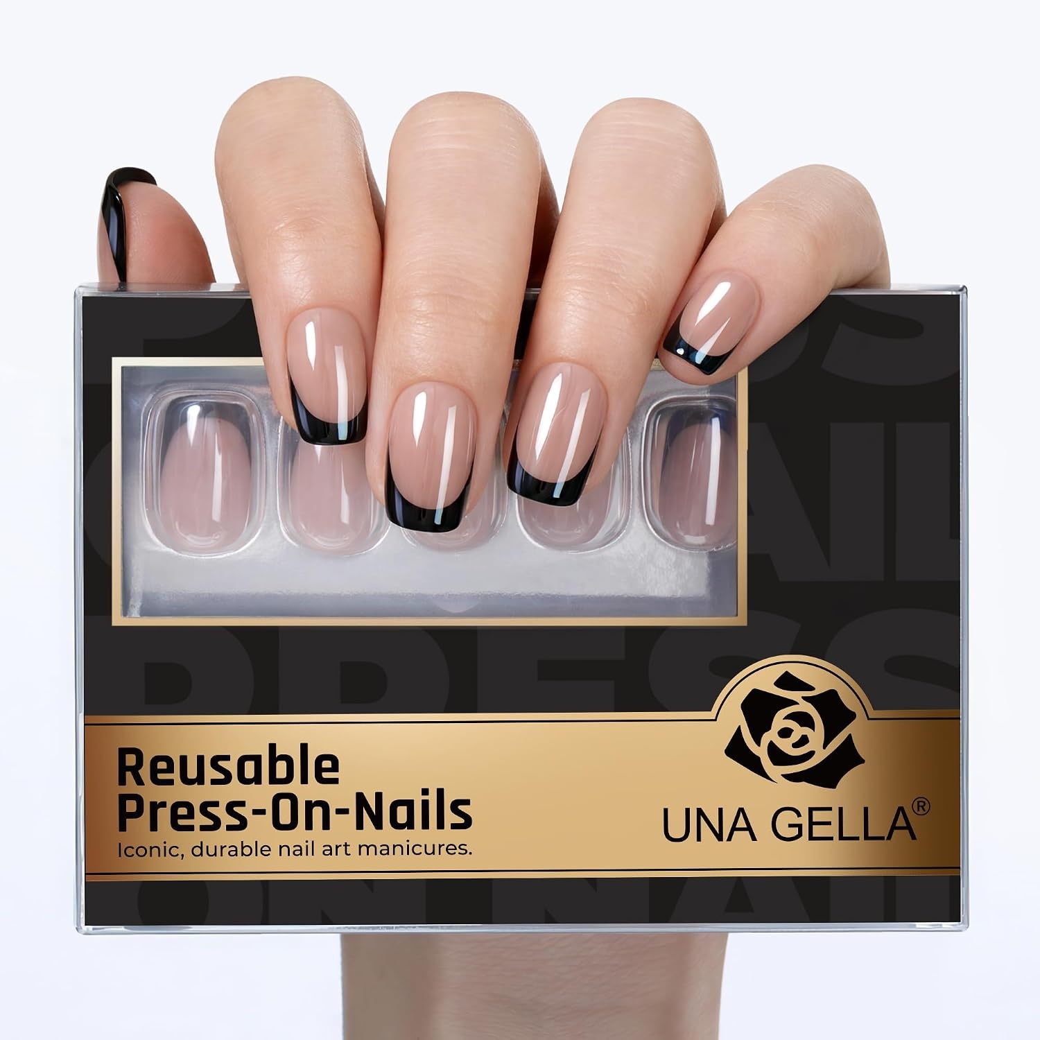 image:imageUNA GELLA Short Square Press On Nails 32 Pcs 16 Sizes Soft Gel Fake Nails Sheer Jelly Light Pink Glossy False Nails for Women Reusable Stick On Nails Kit with Glue and Adhesive TabsMidnight French