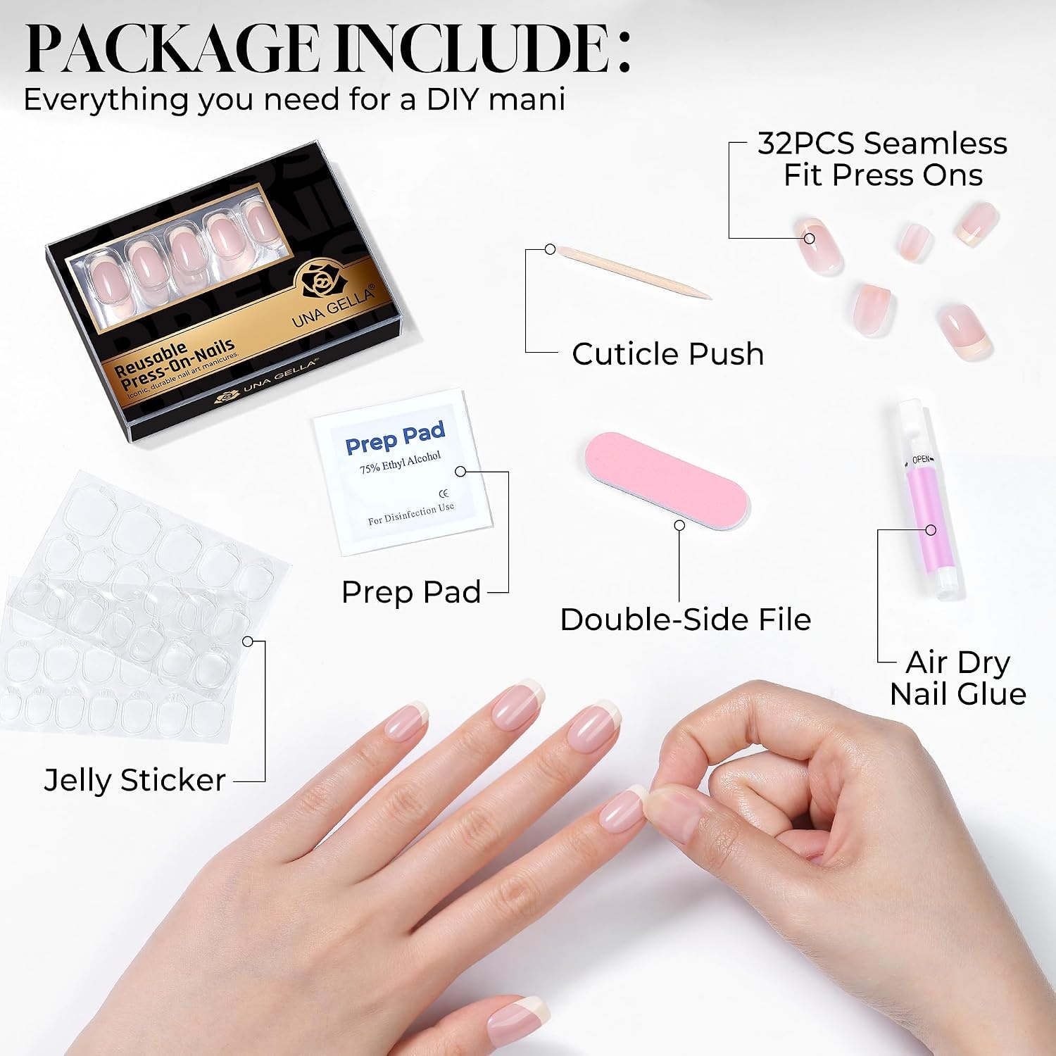 image:imageUNA GELLA Short Square Press On Nails 32 Pcs 16 Sizes Soft Gel Fake Nails Sheer Jelly Light Pink Glossy False Nails for Women Reusable Stick On Nails Kit with Glue and Adhesive TabsParisian Chic