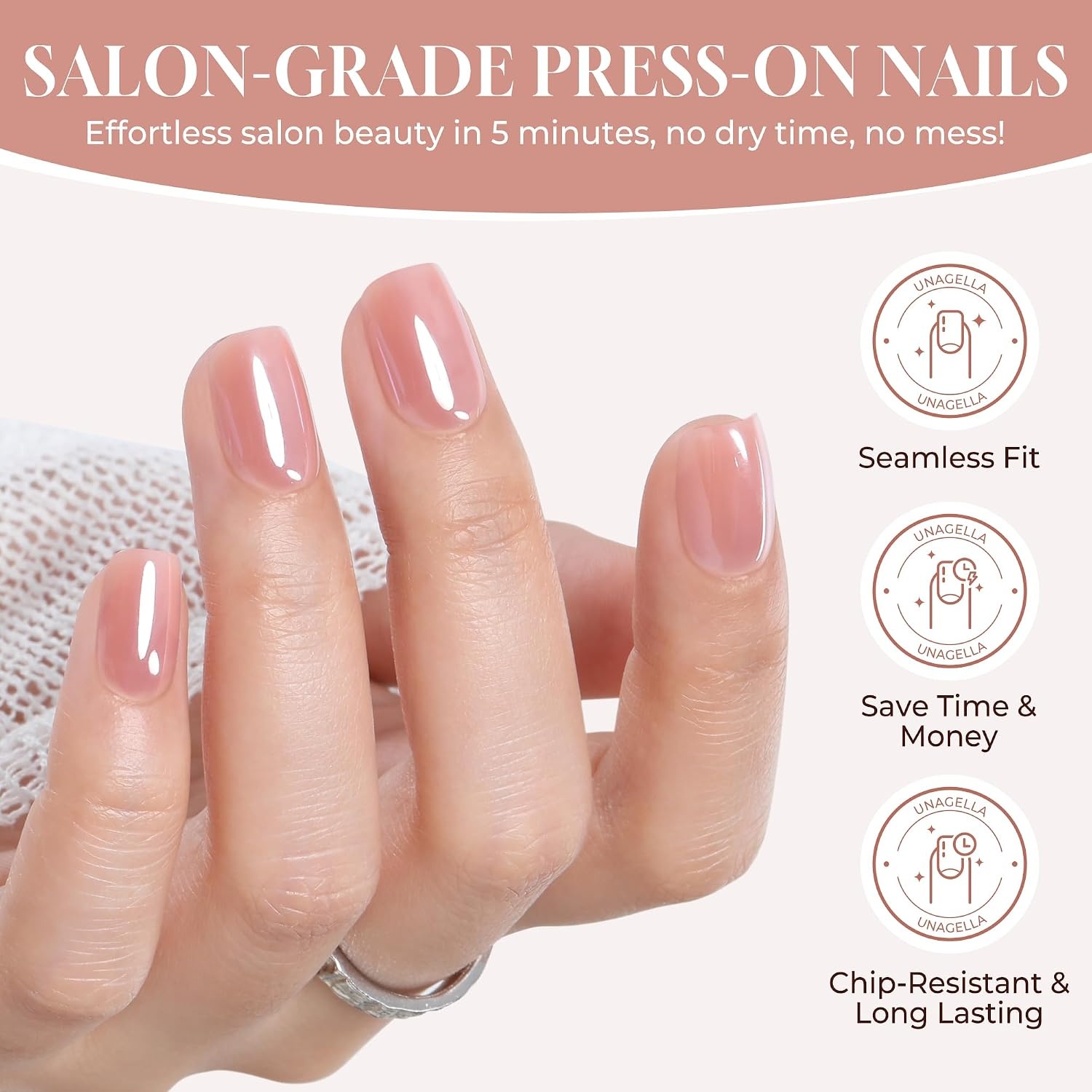 image:imageUNA GELLA Short Square Press On Nails 32 Pcs 16 Sizes Soft Gel Fake Nails Sheer Jelly Light Pink Glossy False Nails for Women Reusable Stick On Nails Kit with Glue and Adhesive TabsChrome Nude Pink