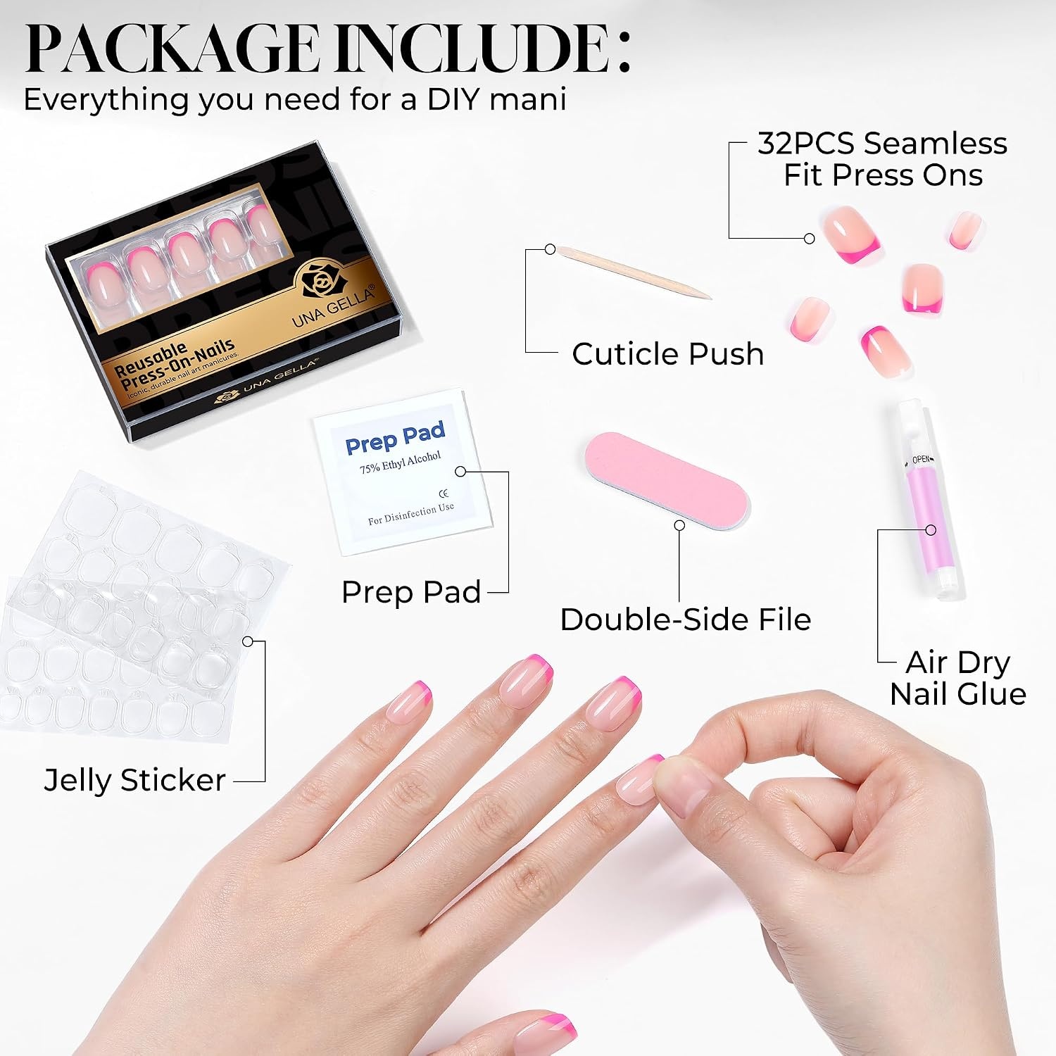 image:imageUNA GELLA Short Square Press On Nails 32 Pcs 16 Sizes Soft Gel Fake Nails Sheer Jelly Light Pink Glossy False Nails for Women Reusable Stick On Nails Kit with Glue and Adhesive TabsHot Pink French