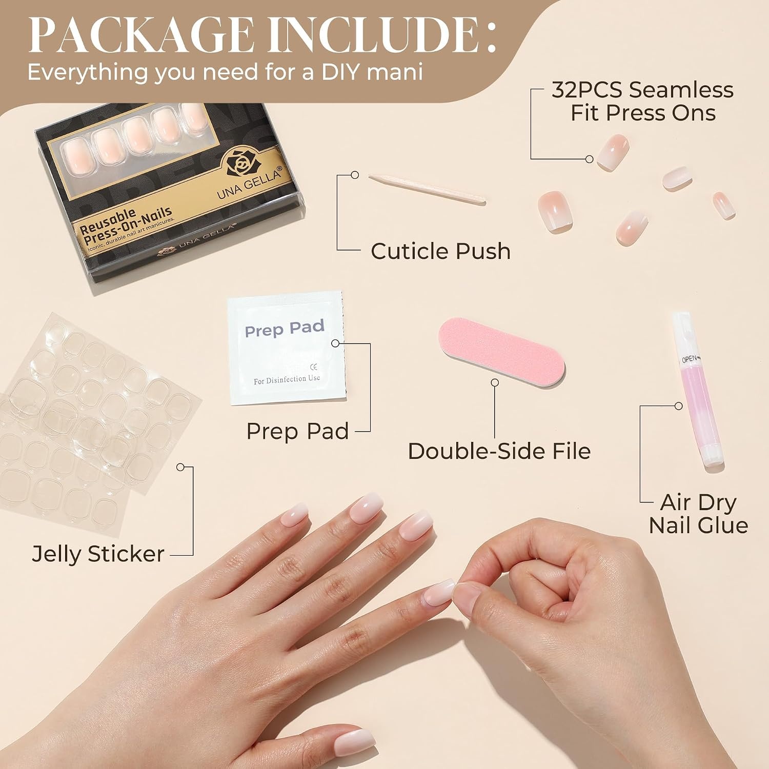 image:imageUNA GELLA Short Square Press On Nails 32 Pcs 16 Sizes Soft Gel Fake Nails Sheer Jelly Light Pink Glossy False Nails for Women Reusable Stick On Nails Kit with Glue and Adhesive TabsANude Cream