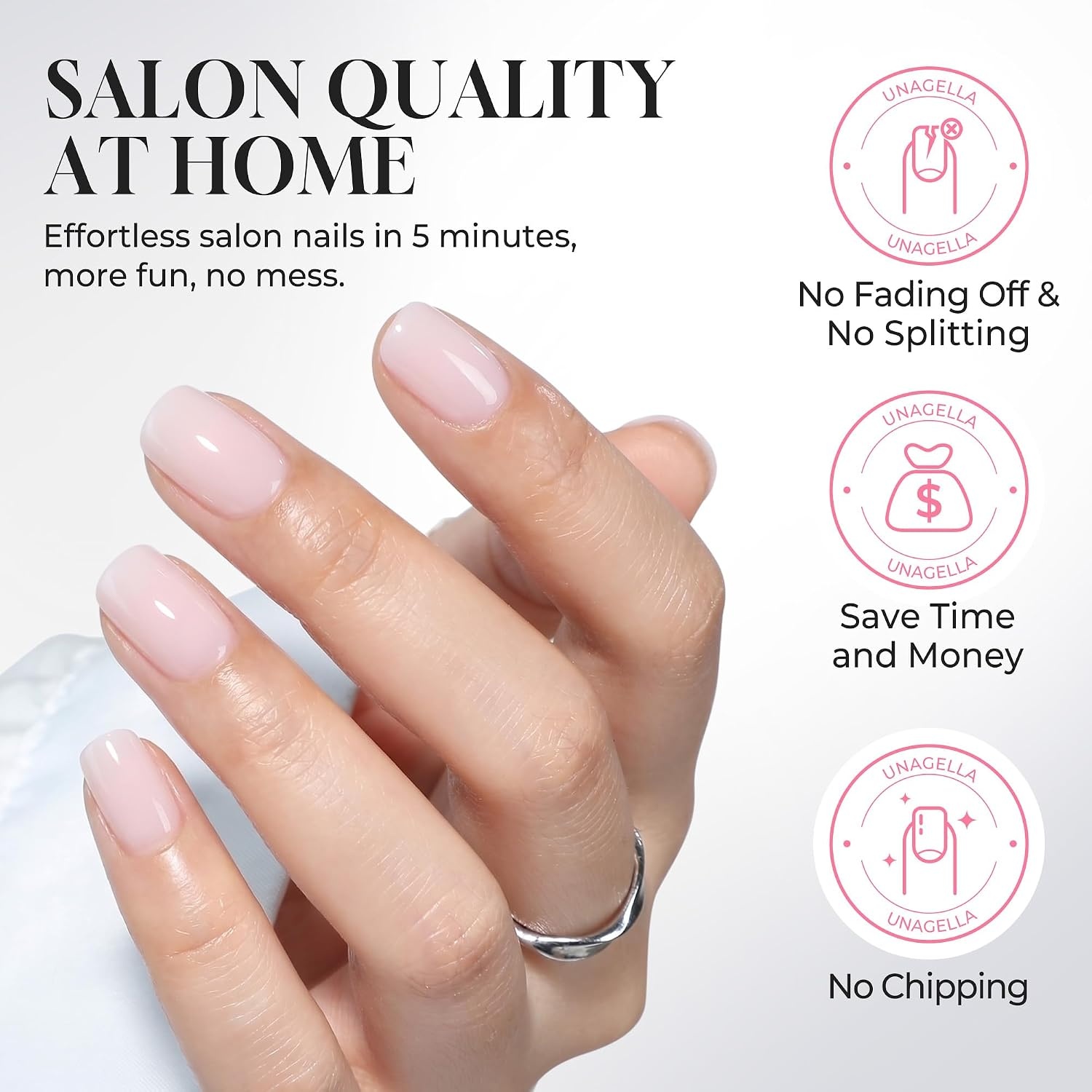 image:imageUNA GELLA Short Square Press On Nails 32 Pcs 16 Sizes Soft Gel Fake Nails Sheer Jelly Light Pink Glossy False Nails for Women Reusable Stick On Nails Kit with Glue and Adhesive TabsMilky Pink
