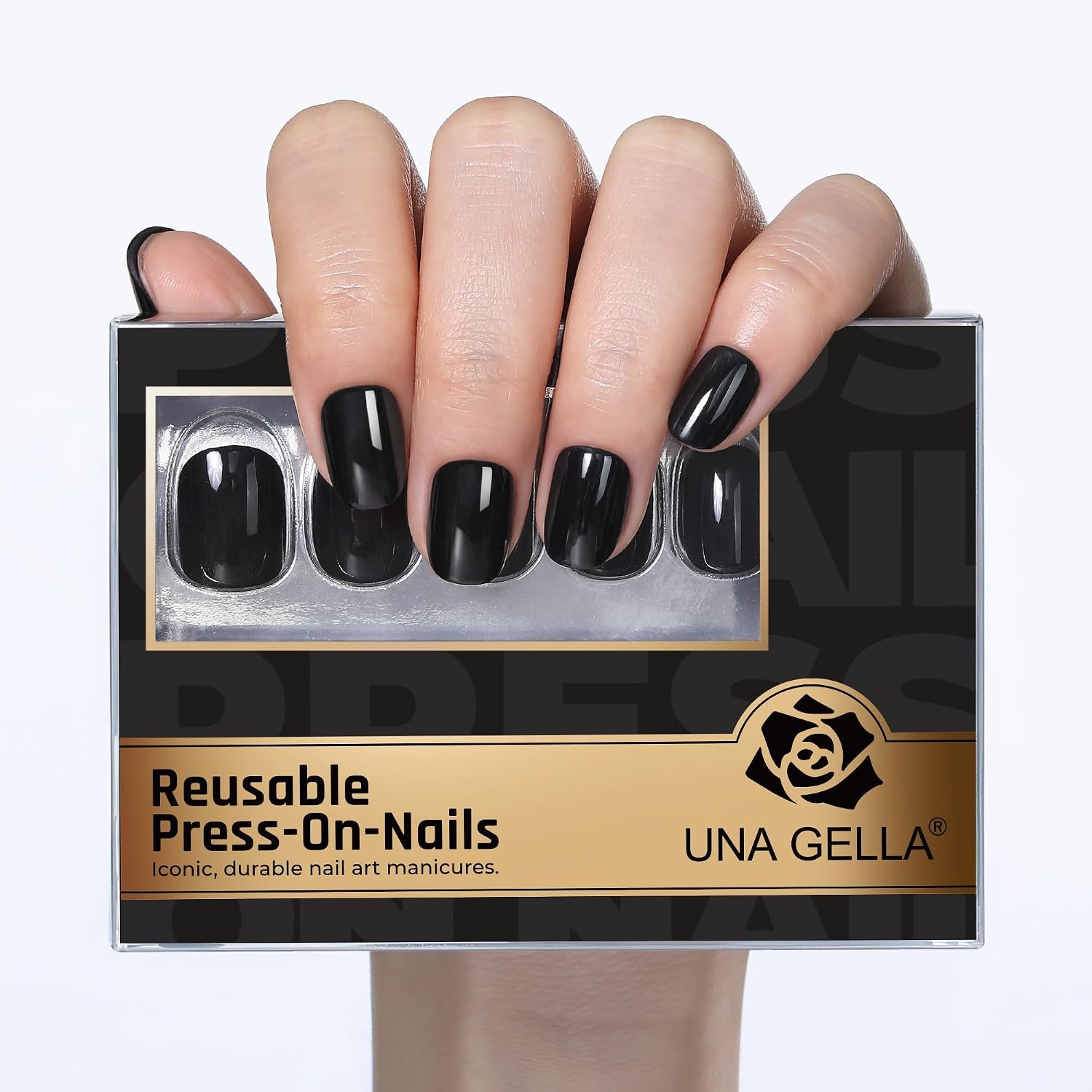 image:imageUNA GELLA Short Squoval Press On Nails 32Pcs 16 Sizes Soft Gel Round Fake Nails with Silver Cat Eye Effect Light Pink Reusable Artificial Stick On Nails Kit with Glue and Adhesive TabsPure Black