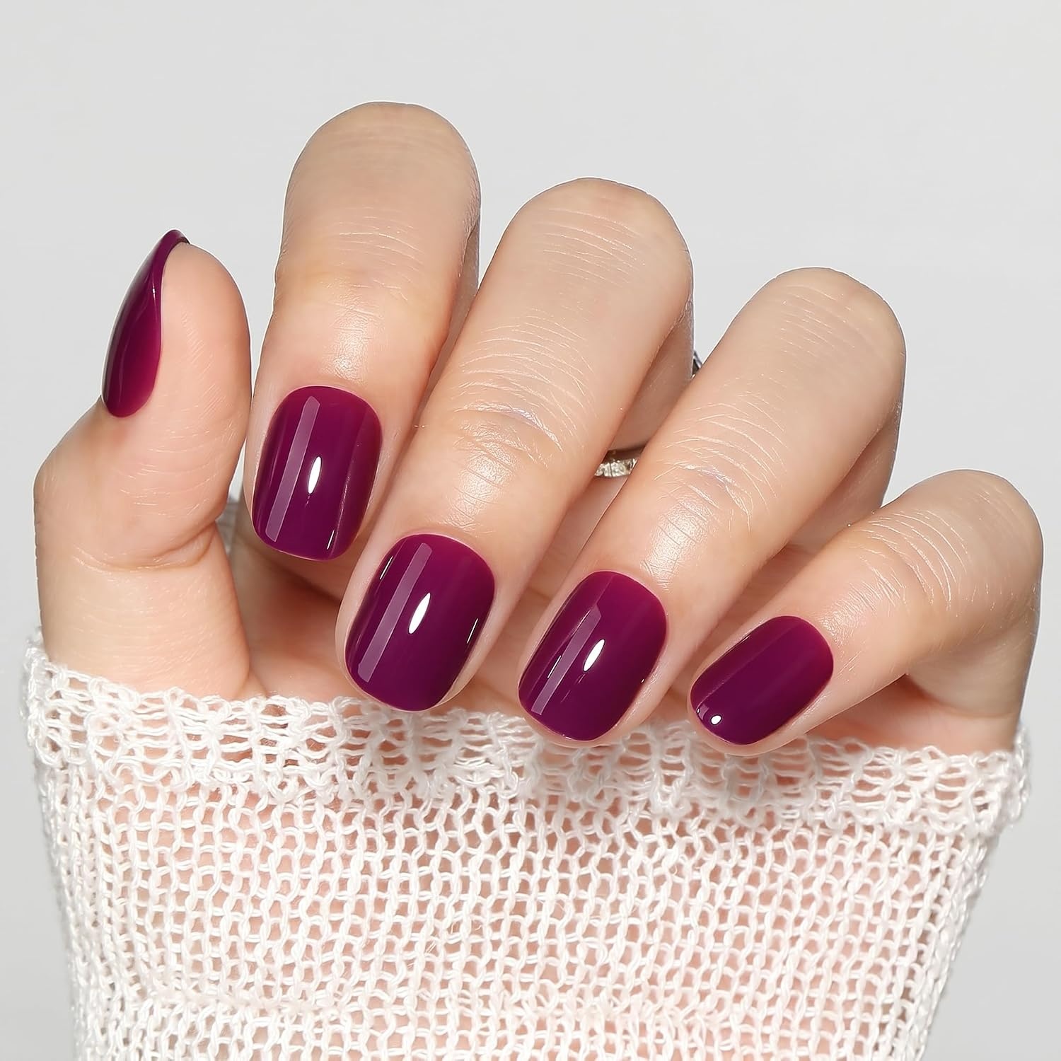 image:imageUNA GELLA Short Squoval Press On Nails 32Pcs 16 Sizes Soft Gel Round Fake Nails with Silver Cat Eye Effect Light Pink Reusable Artificial Stick On Nails Kit with Glue and Adhesive TabsPlum Wine Glaze