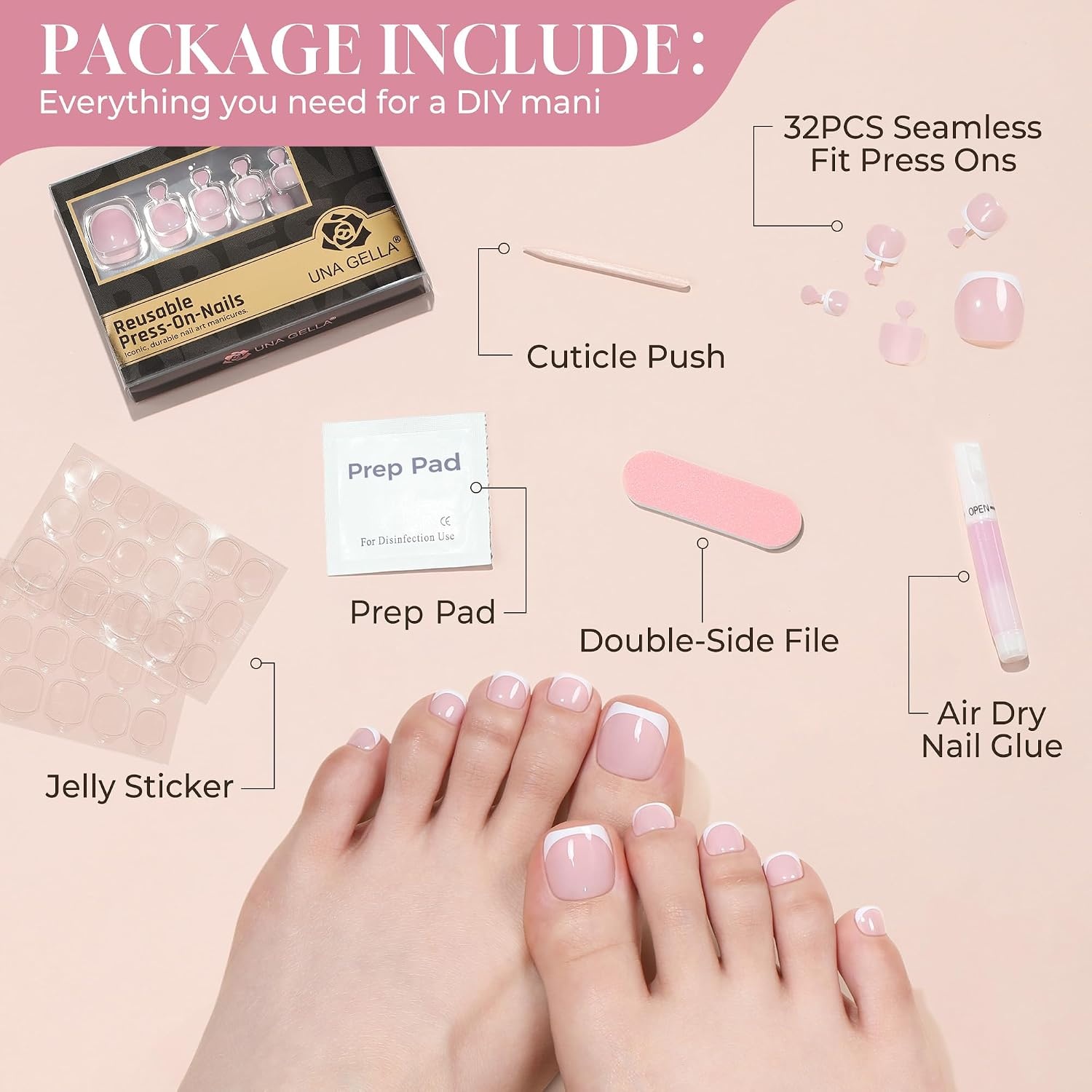 image:imageUNA GELLA Short Squoval Press On Nails 32Pcs 16 Sizes Soft Gel Round Fake Nails with Silver Cat Eye Effect Light Pink Reusable Artificial Stick On Nails Kit with Glue and Adhesive TabsToe Pink French