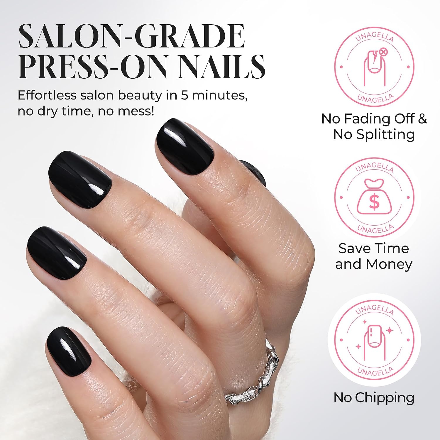 image:imageUNA GELLA Short Squoval Press On Nails 32Pcs 16 Sizes Soft Gel Round Fake Nails with Silver Cat Eye Effect Light Pink Reusable Artificial Stick On Nails Kit with Glue and Adhesive TabsPure Black