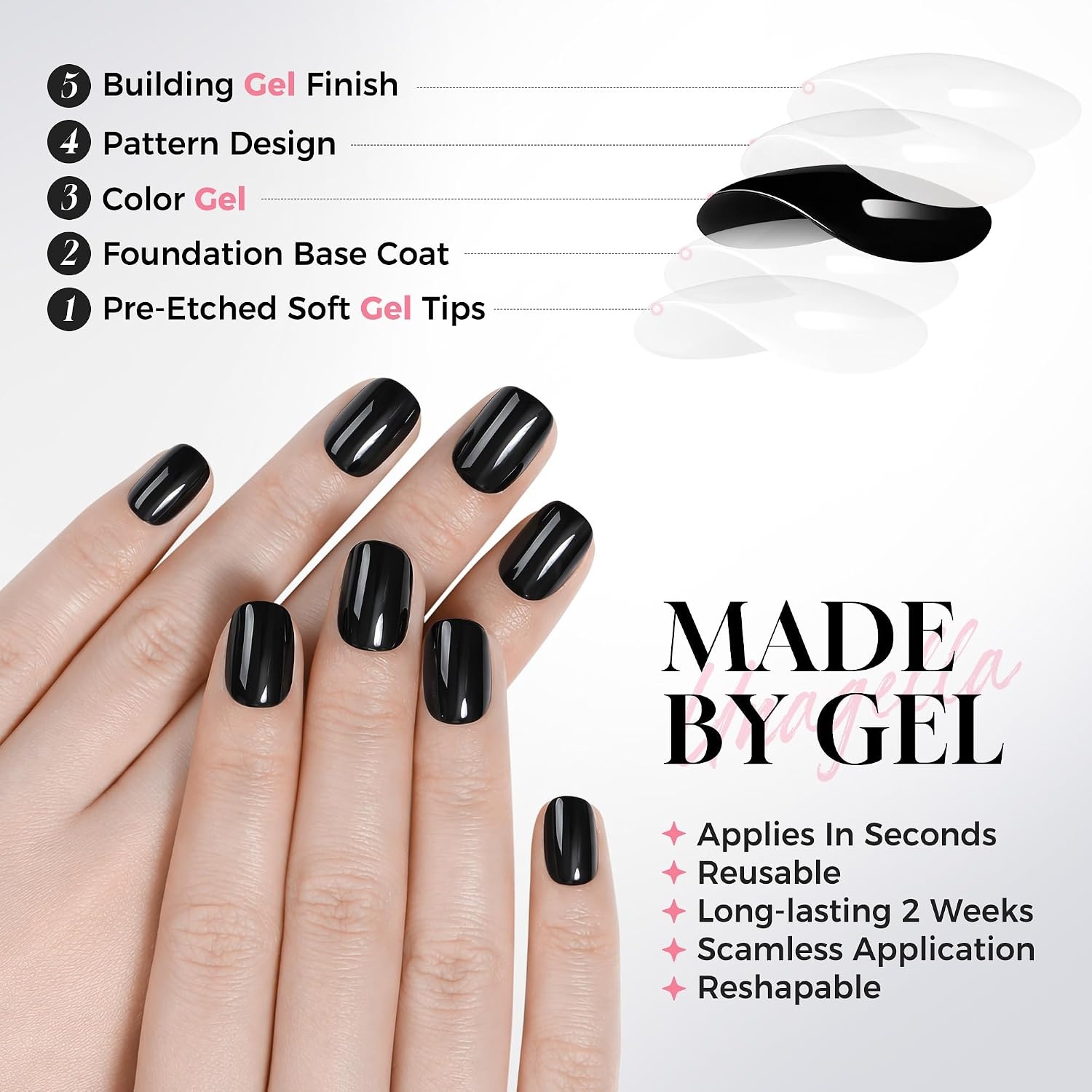 image:imageUNA GELLA Short Squoval Press On Nails 32Pcs 16 Sizes Soft Gel Round Fake Nails with Silver Cat Eye Effect Light Pink Reusable Artificial Stick On Nails Kit with Glue and Adhesive TabsPure Black