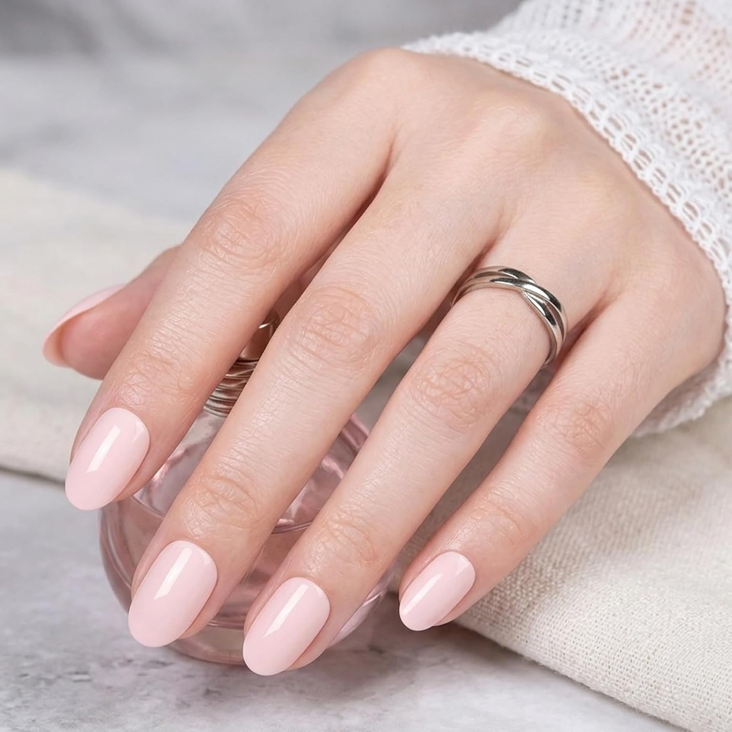 image:imageUNA GELLA Short Squoval Press On Nails 32Pcs 16 Sizes Soft Gel Round Fake Nails with Silver Cat Eye Effect Light Pink Reusable Artificial Stick On Nails Kit with Glue and Adhesive TabsCloud Pink