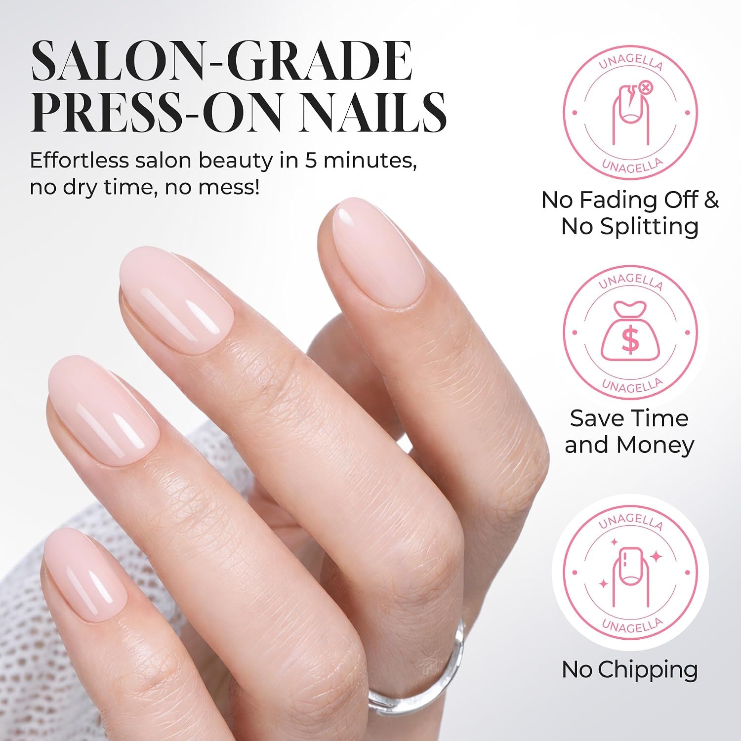 image:imageUNA GELLA Short Squoval Press On Nails 32Pcs 16 Sizes Soft Gel Round Fake Nails with Silver Cat Eye Effect Light Pink Reusable Artificial Stick On Nails Kit with Glue and Adhesive TabsCloud Pink