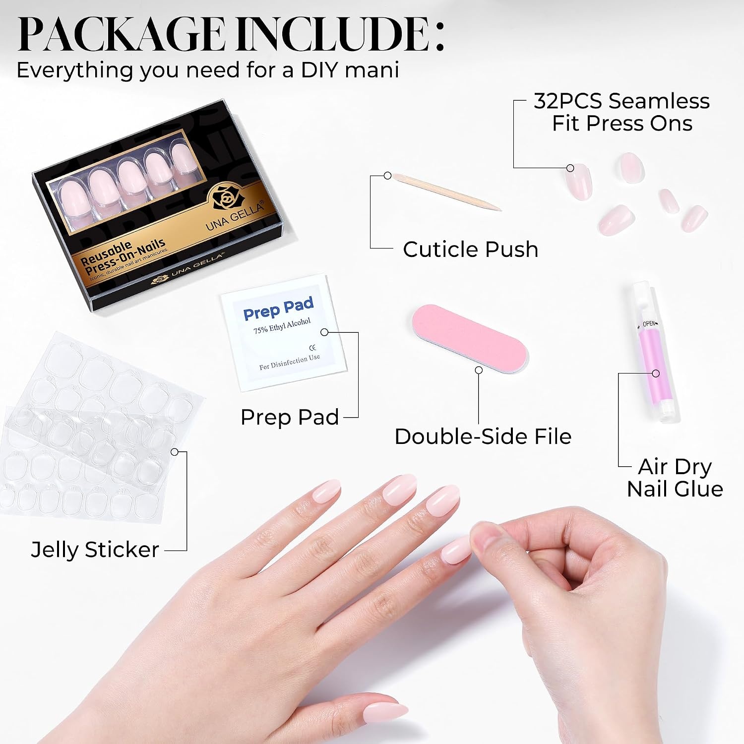 image:imageUNA GELLA Short Squoval Press On Nails 32Pcs 16 Sizes Soft Gel Round Fake Nails with Silver Cat Eye Effect Light Pink Reusable Artificial Stick On Nails Kit with Glue and Adhesive TabsCloud Pink