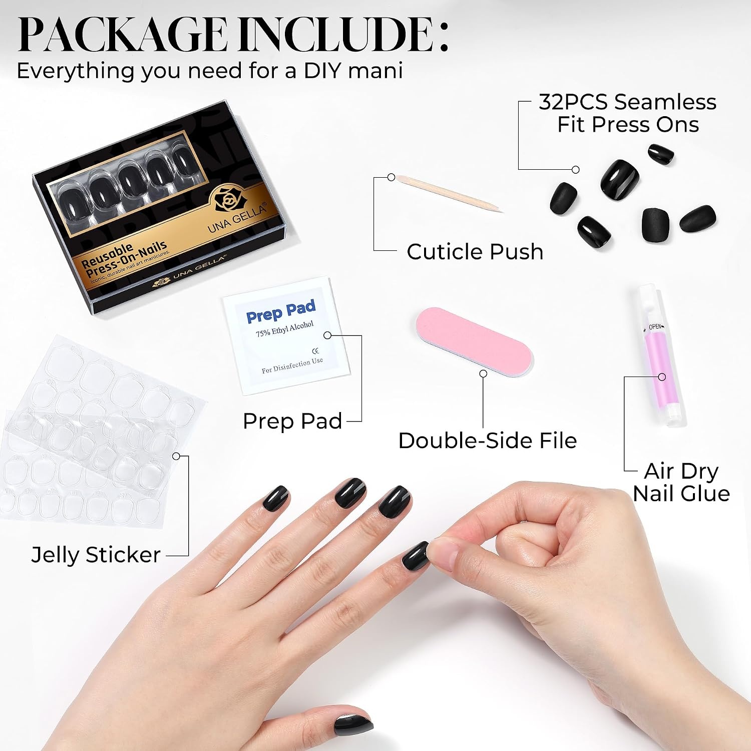 image:imageUNA GELLA Short Squoval Press On Nails 32Pcs 16 Sizes Soft Gel Round Fake Nails with Silver Cat Eye Effect Light Pink Reusable Artificial Stick On Nails Kit with Glue and Adhesive TabsPure Black