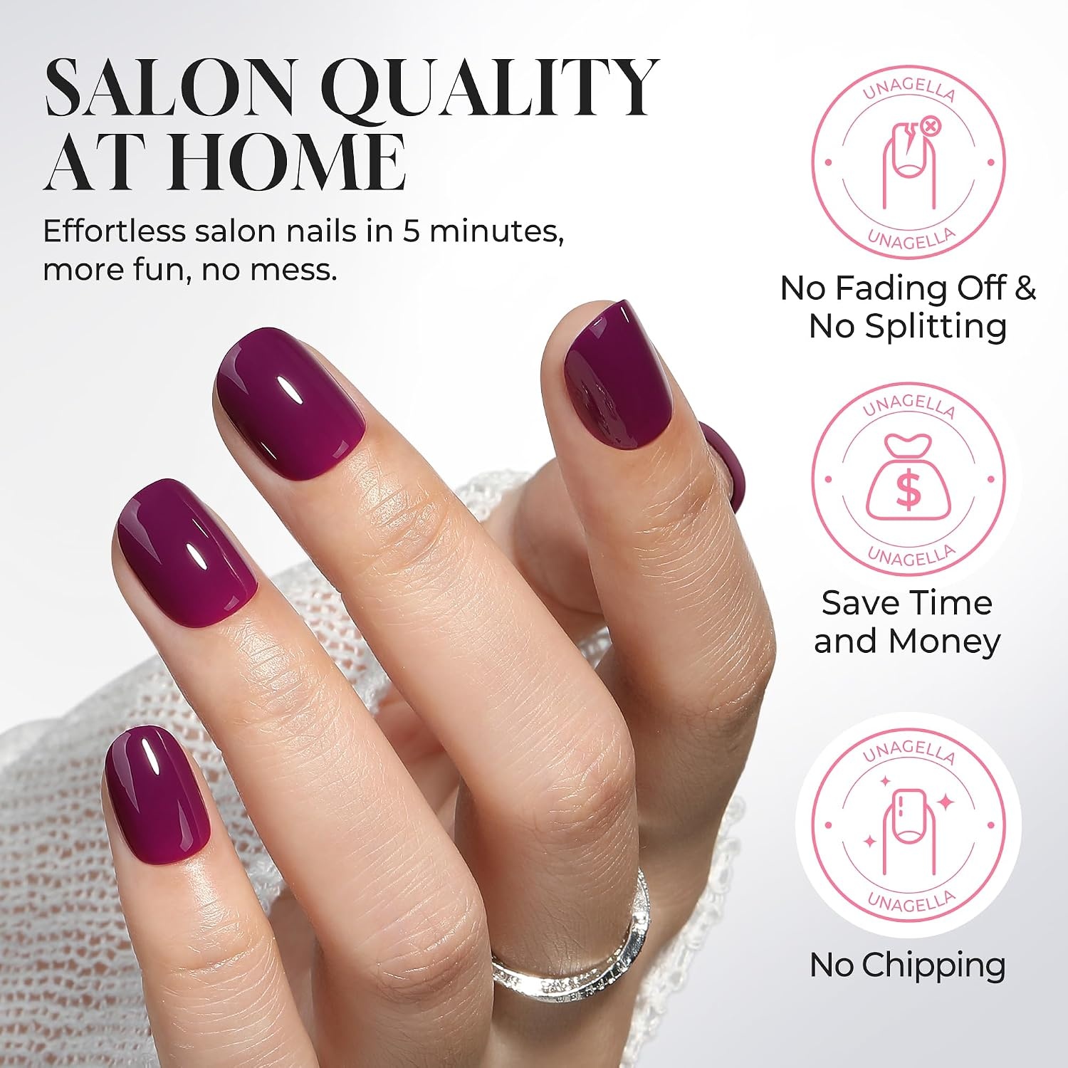 image:imageUNA GELLA Short Squoval Press On Nails 32Pcs 16 Sizes Soft Gel Round Fake Nails with Silver Cat Eye Effect Light Pink Reusable Artificial Stick On Nails Kit with Glue and Adhesive TabsPlum Wine Glaze