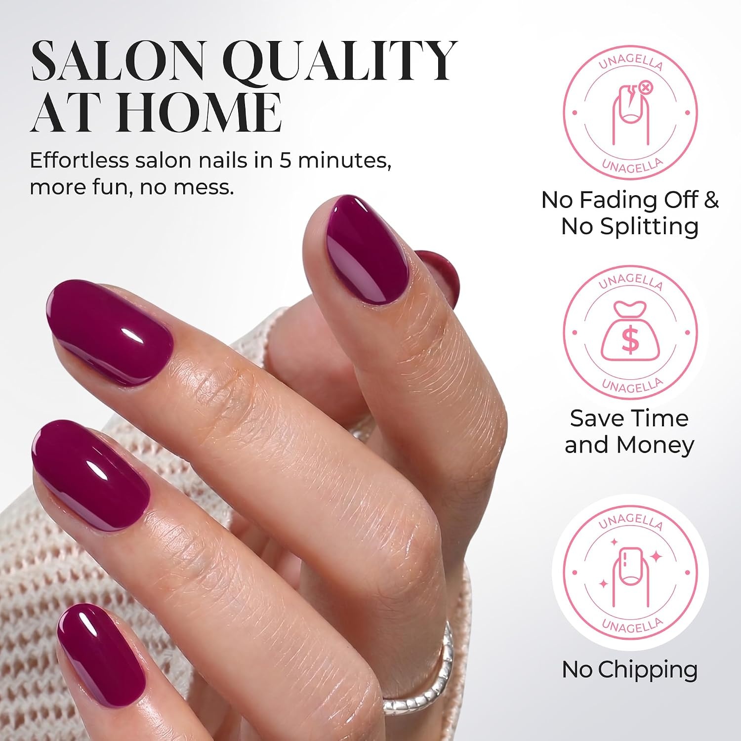 image:imageUNA GELLA Short Squoval Press On Nails 32Pcs 16 Sizes Soft Gel Round Fake Nails with Silver Cat Eye Effect Light Pink Reusable Artificial Stick On Nails Kit with Glue and Adhesive TabsDeep Mulberry