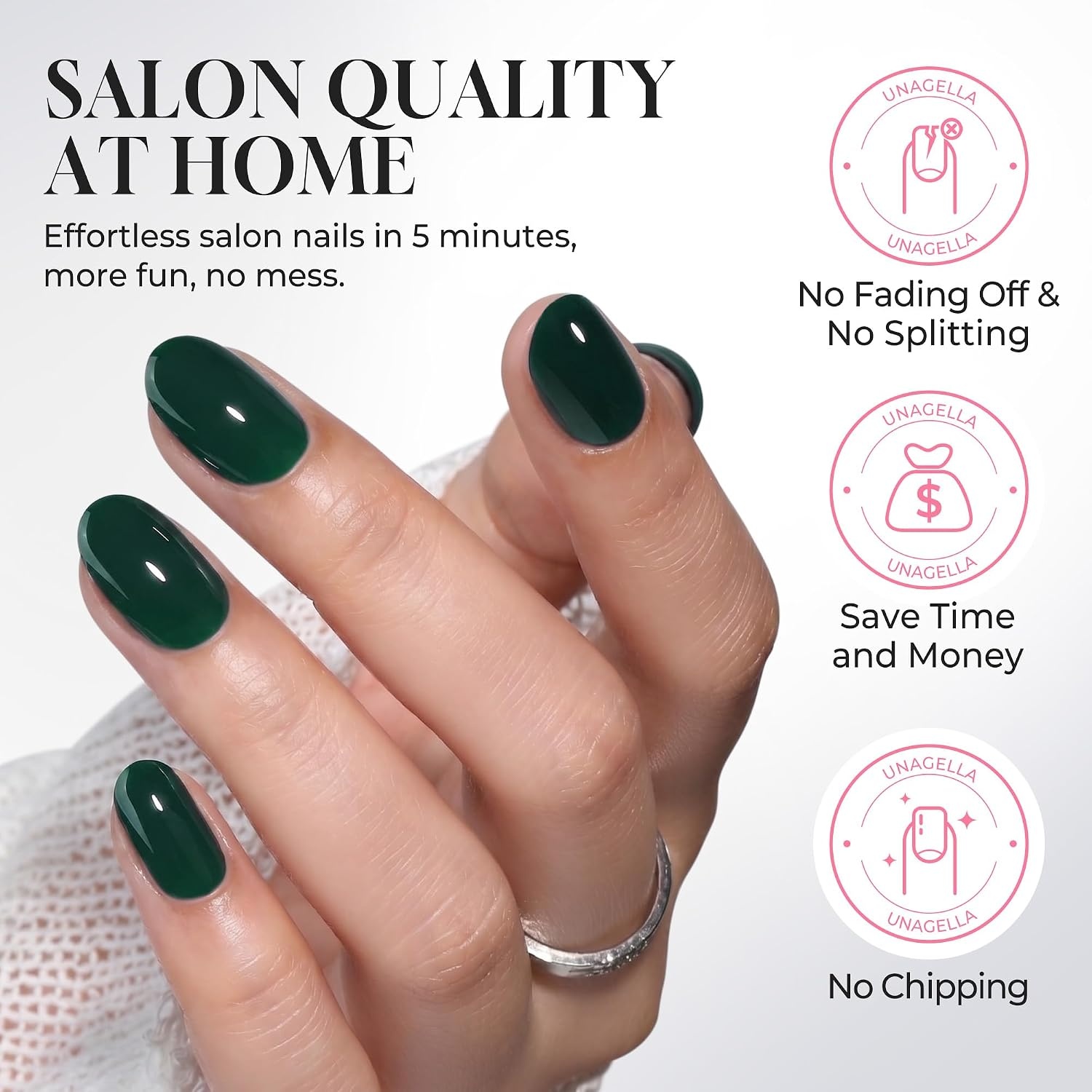 image:imageUNA GELLA Short Squoval Press On Nails 32Pcs 16 Sizes Soft Gel Round Fake Nails with Silver Cat Eye Effect Light Pink Reusable Artificial Stick On Nails Kit with Glue and Adhesive TabsEmerald Glaze