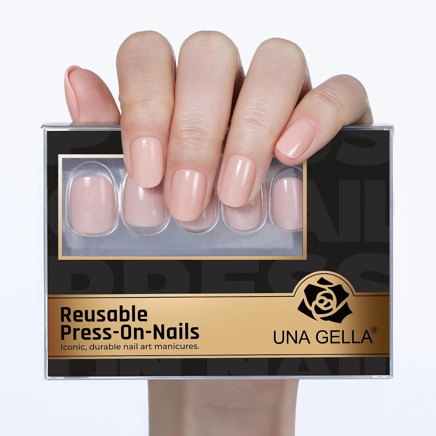 image:imageUNA GELLA Short Squoval Press On Nails 32Pcs 16 Sizes Soft Gel Round Fake Nails with Silver Cat Eye Effect Light Pink Reusable Artificial Stick On Nails Kit with Glue and Adhesive TabsNude Muse