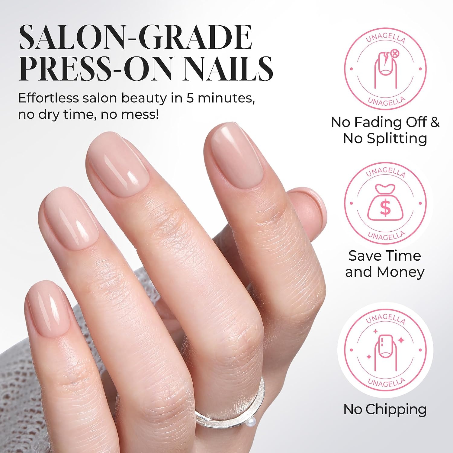 image:imageUNA GELLA Short Squoval Press On Nails 32Pcs 16 Sizes Soft Gel Round Fake Nails with Silver Cat Eye Effect Light Pink Reusable Artificial Stick On Nails Kit with Glue and Adhesive TabsNude Muse