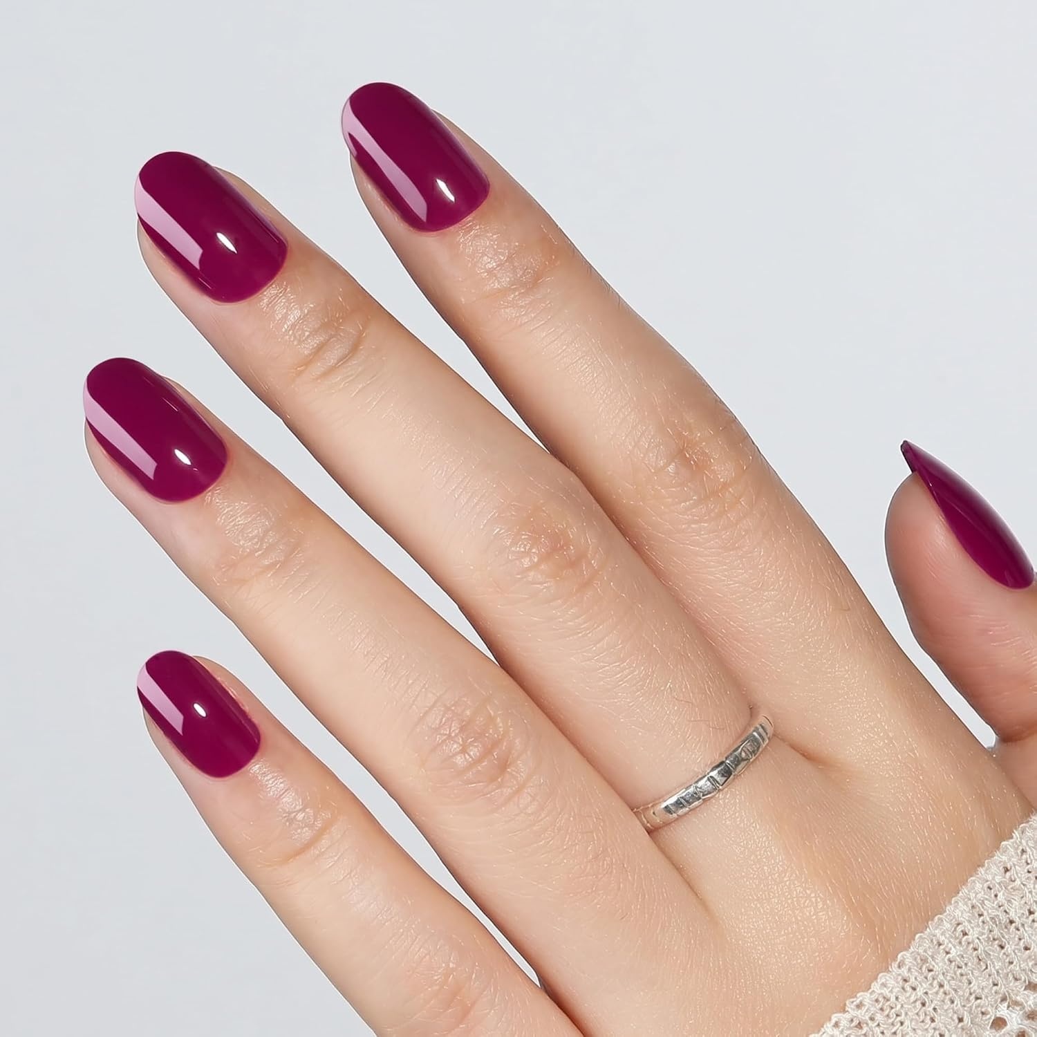 image:imageUNA GELLA Short Squoval Press On Nails 32Pcs 16 Sizes Soft Gel Round Fake Nails with Silver Cat Eye Effect Light Pink Reusable Artificial Stick On Nails Kit with Glue and Adhesive TabsDeep Mulberry