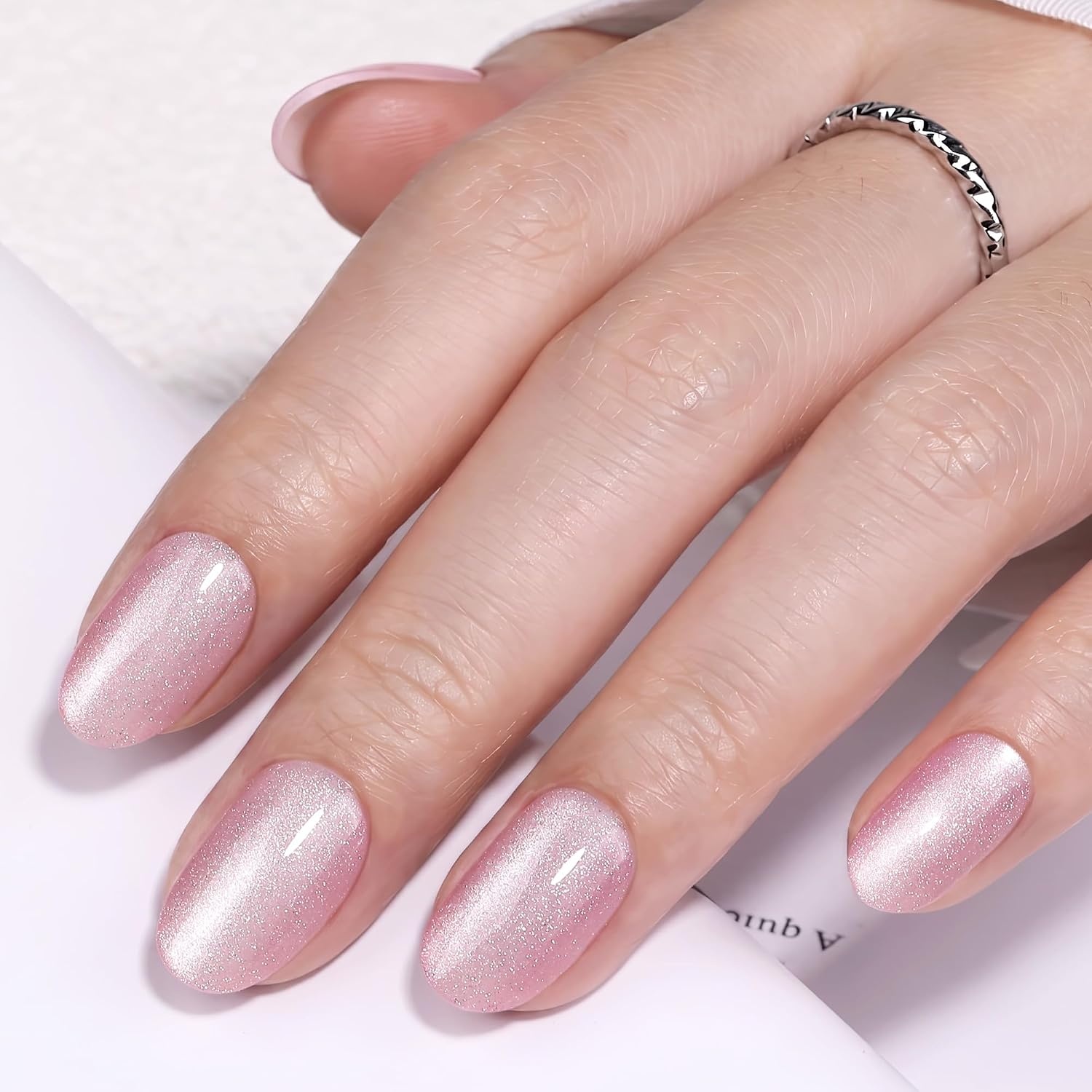 image:imageUNA GELLA Short Squoval Press On Nails 32Pcs 16 Sizes Soft Gel Round Fake Nails with Silver Cat Eye Effect Light Pink Reusable Artificial Stick On Nails Kit with Glue and Adhesive TabsPink Smoothie