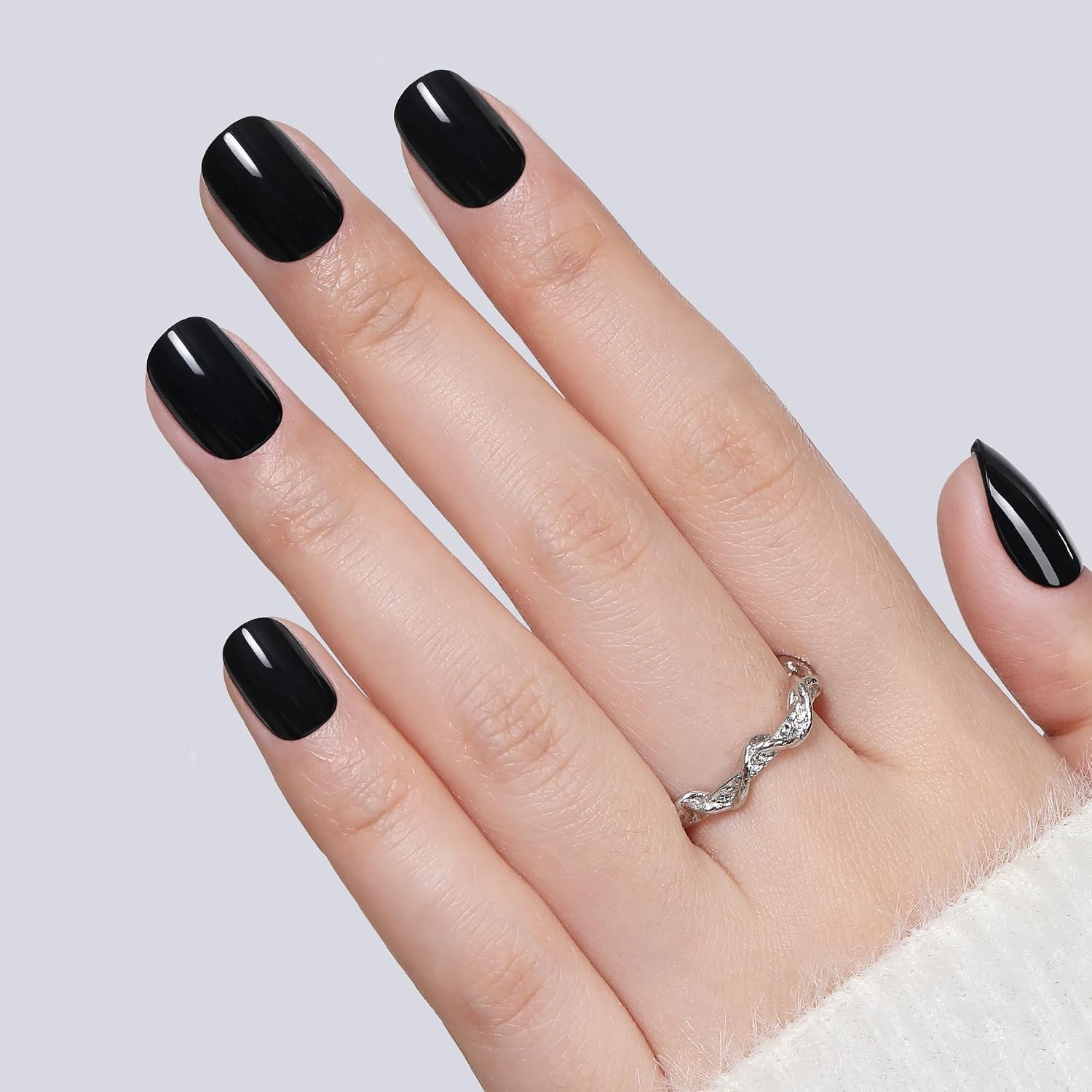 image:imageUNA GELLA Short Squoval Press On Nails 32Pcs 16 Sizes Soft Gel Round Fake Nails with Silver Cat Eye Effect Light Pink Reusable Artificial Stick On Nails Kit with Glue and Adhesive TabsPure Black