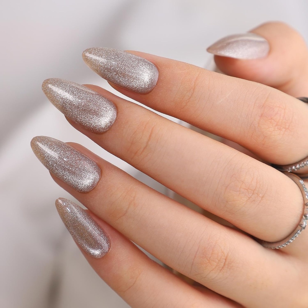 image:imageUNA GELLA Almond Press On Nails 32Pcs 16 Sizes Pastel Lilac Lavender Fake Nails with Glue and Adhesive Tabs Opaque Reusable Glue On Nails Kit for Women ManicureSilver Galaxy