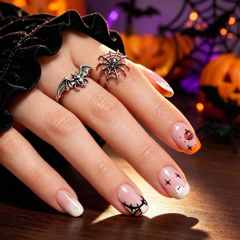 image:imageUNA GELLA Halloween Press On Nails Short Almond 32Pcs Pumpkin Fake Nails Soft Gel Nail Tips Almond Shape in 16 Sizes with Semi Glue and Jelly Tabs Orange Glitter Finish for Party Fall ManicuresTiny Pumpkin Boo Short Squoval