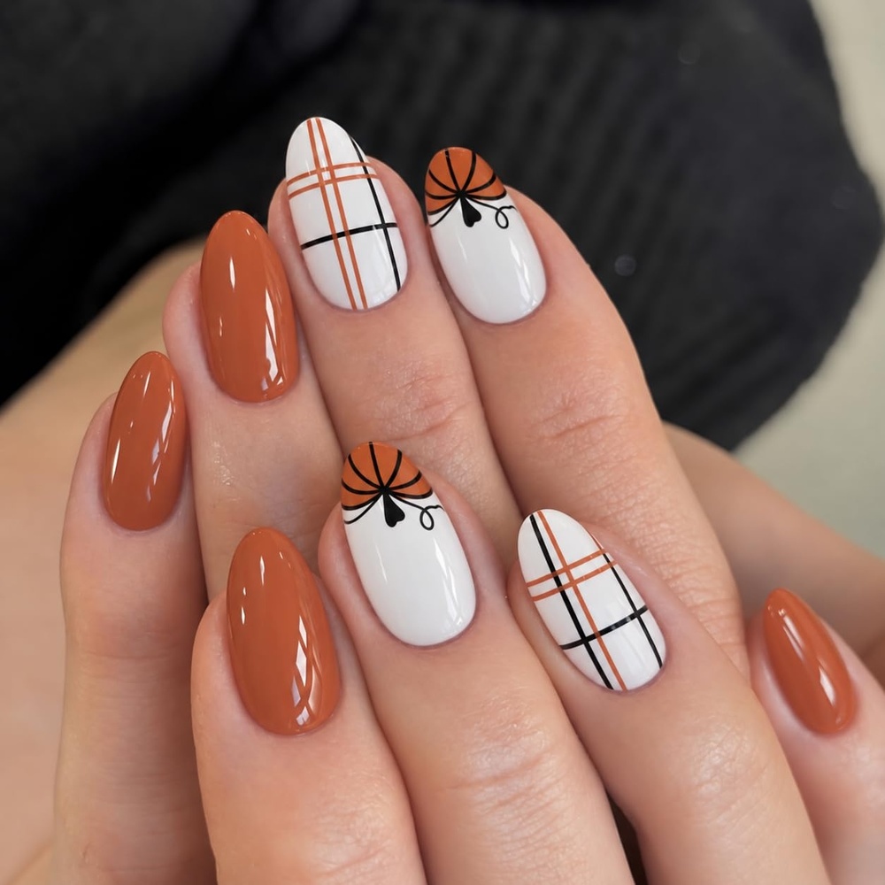image:imageUNA GELLA Halloween Press On Nails Short Almond 32Pcs Pumpkin Fake Nails Soft Gel Nail Tips Almond Shape in 16 Sizes with Semi Glue and Jelly Tabs Orange Glitter Finish for Party Fall ManicuresHallowween Plaid Short Almond