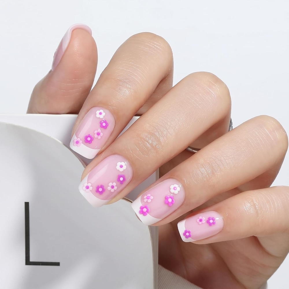 image:imageUNA GELLA Short Square Press On Nails 32 Pcs 16 Sizes Soft Gel Fake Nails Sheer Jelly Light Pink Glossy False Nails for Women Reusable Stick On Nails Kit with Glue and Adhesive TabsHot Pink Daisy French