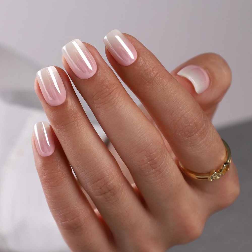 image:imageUNA GELLA Short Square Press On Nails 32 Pcs 16 Sizes Soft Gel Fake Nails Sheer Jelly Light Pink Glossy False Nails for Women Reusable Stick On Nails Kit with Glue and Adhesive TabsBaby Boomer Chic
