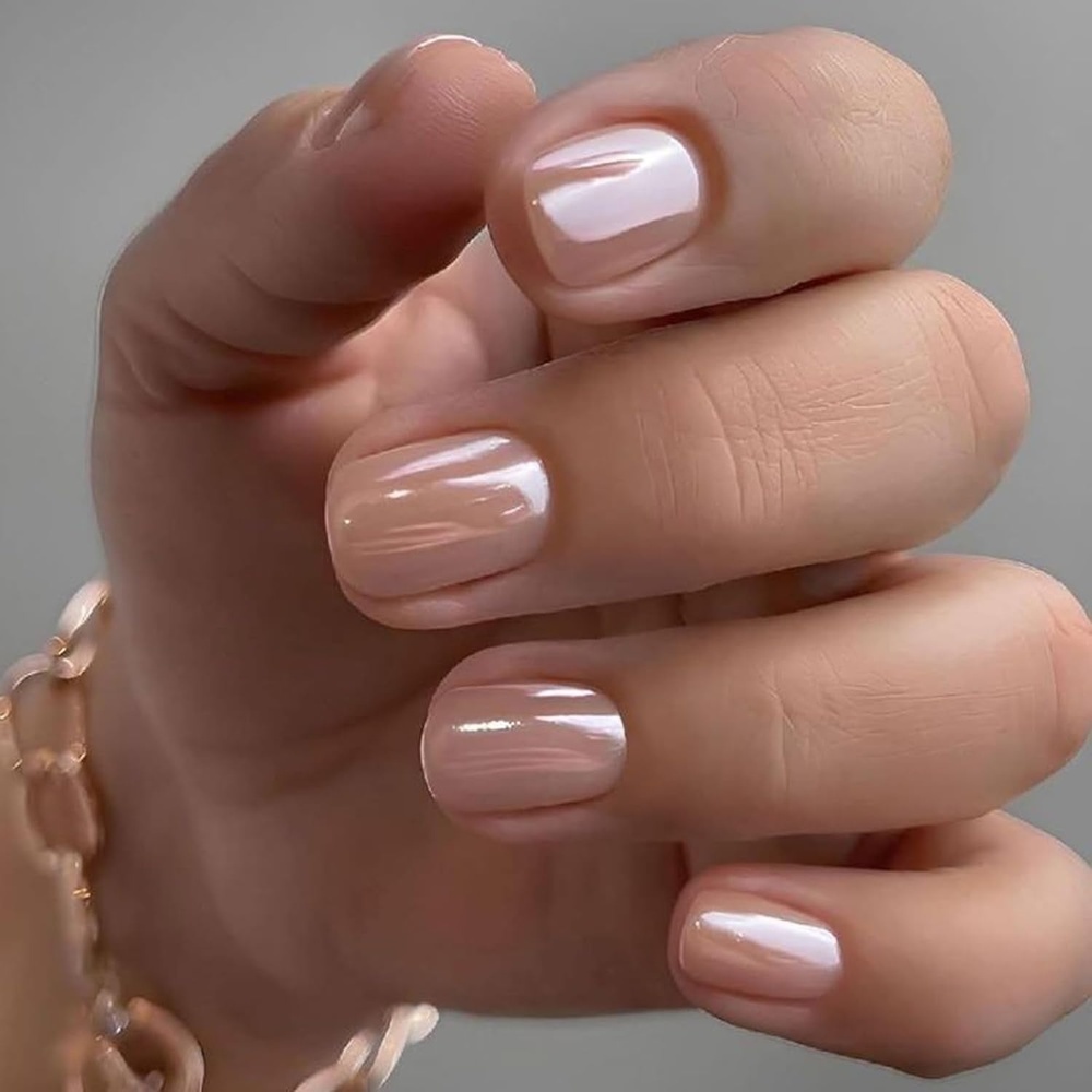 image:imageUNA GELLA Short Square Press On Nails 32 Pcs 16 Sizes Soft Gel Fake Nails Sheer Jelly Light Pink Glossy False Nails for Women Reusable Stick On Nails Kit with Glue and Adhesive TabsChrome Nude Pink