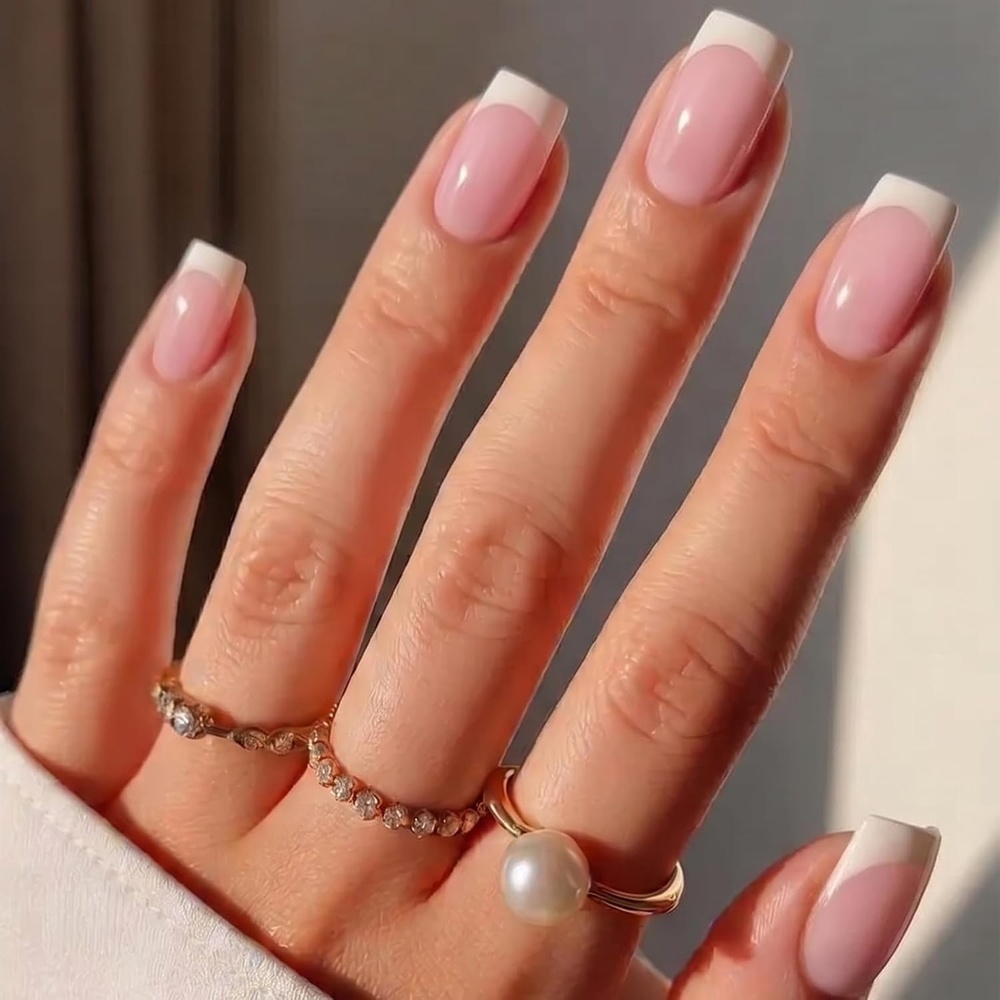 image:imageUNA GELLA Short Square Press On Nails 32 Pcs 16 Sizes Soft Gel Fake Nails Sheer Jelly Light Pink Glossy False Nails for Women Reusable Stick On Nails Kit with Glue and Adhesive TabsParisian Chic