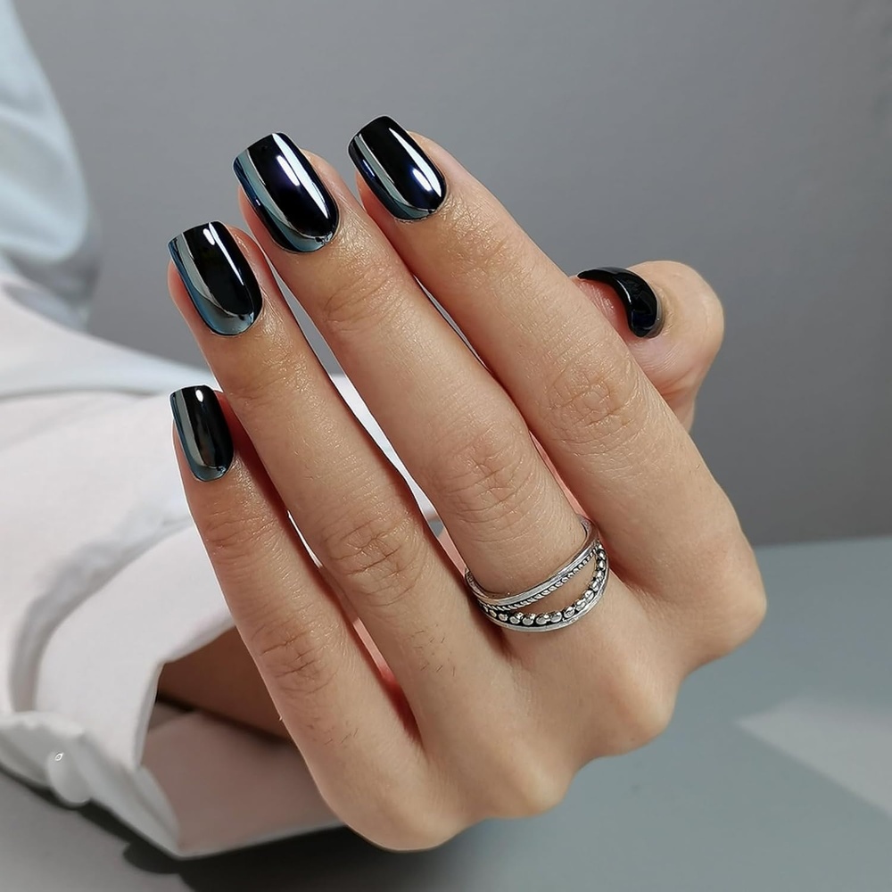 image:imageUNA GELLA Short Square Press On Nails 32 Pcs 16 Sizes Soft Gel Fake Nails Sheer Jelly Light Pink Glossy False Nails for Women Reusable Stick On Nails Kit with Glue and Adhesive TabsMidnight Obsidian