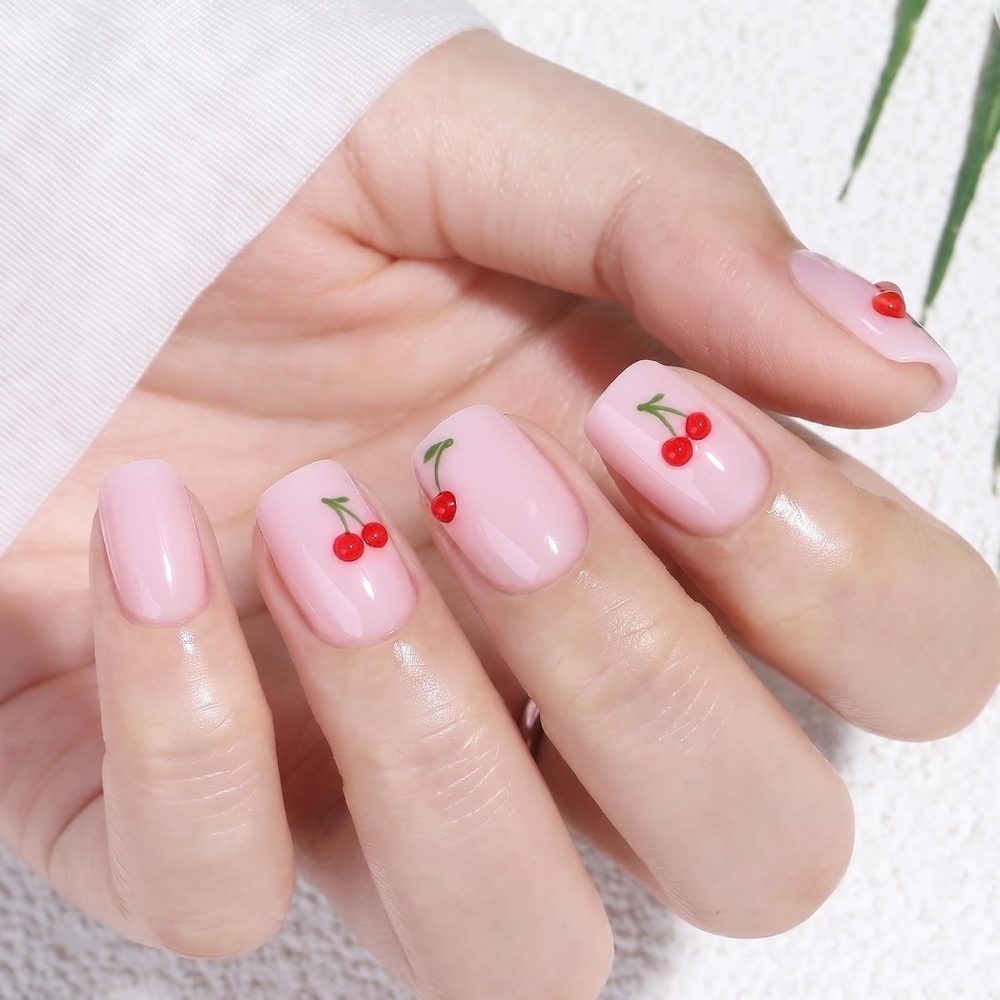 image:imageUNA GELLA Short Square Press On Nails 32 Pcs 16 Sizes Soft Gel Fake Nails Sheer Jelly Light Pink Glossy False Nails for Women Reusable Stick On Nails Kit with Glue and Adhesive TabsCoquette Cherry