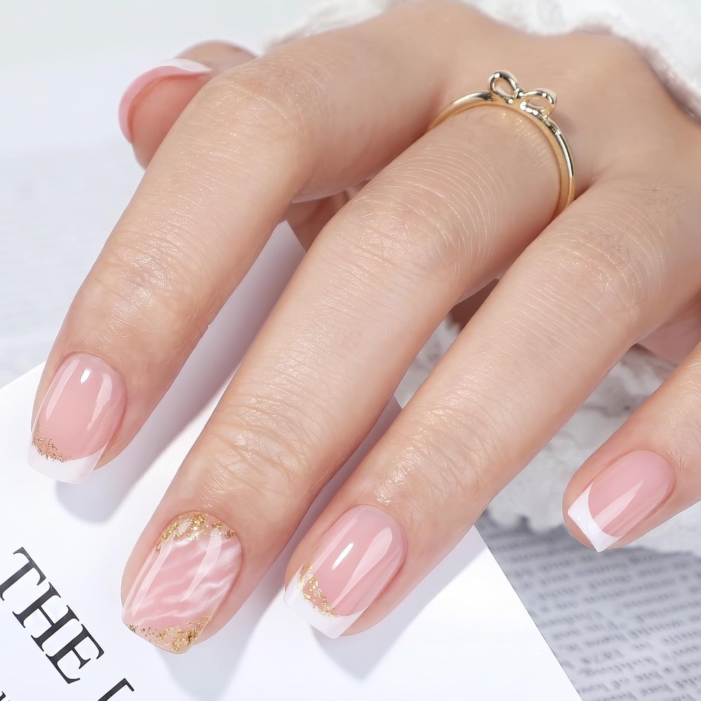 image:imageUNA GELLA Short Square Press On Nails 32 Pcs 16 Sizes Soft Gel Fake Nails Sheer Jelly Light Pink Glossy False Nails for Women Reusable Stick On Nails Kit with Glue and Adhesive TabsGilded Marble Square