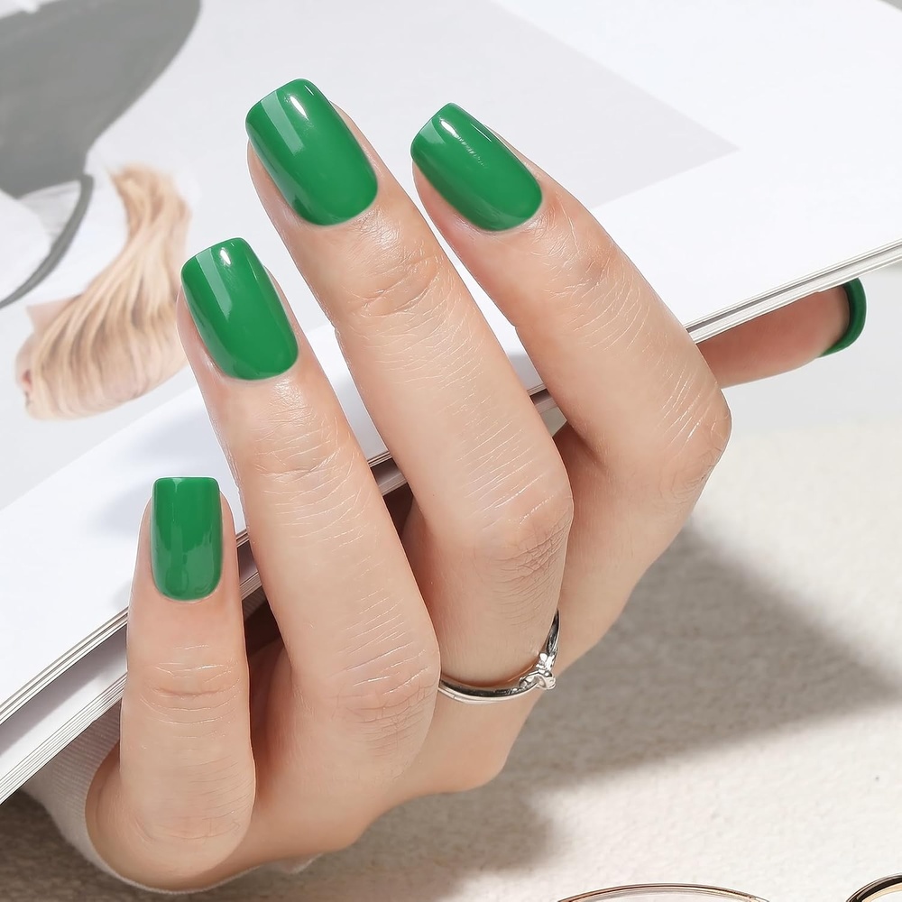 image:imageUNA GELLA Short Square Press On Nails 32 Pcs 16 Sizes Soft Gel Fake Nails Sheer Jelly Light Pink Glossy False Nails for Women Reusable Stick On Nails Kit with Glue and Adhesive TabsKelly Green