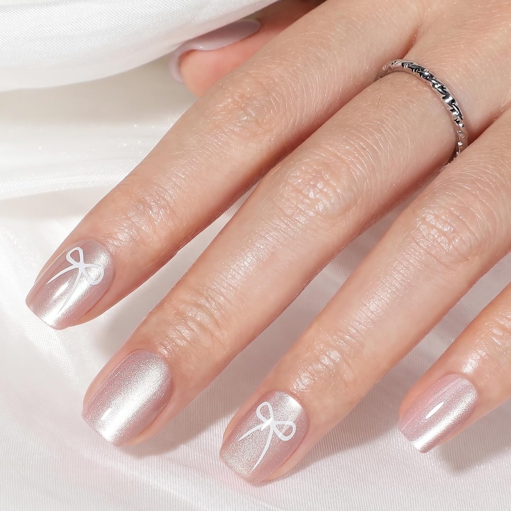 image:imageUNA GELLA Short Square Press On Nails 32 Pcs 16 Sizes Soft Gel Fake Nails Sheer Jelly Light Pink Glossy False Nails for Women Reusable Stick On Nails Kit with Glue and Adhesive TabsBalletcore Bow