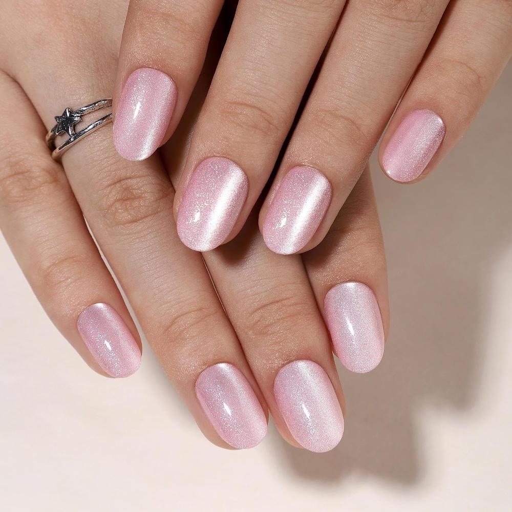 image:imageUNA GELLA Short Squoval Press On Nails 32Pcs 16 Sizes Soft Gel Round Fake Nails with Silver Cat Eye Effect Light Pink Reusable Artificial Stick On Nails Kit with Glue and Adhesive TabsPink Smoothie