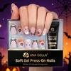 UNA GELLA Halloween Press On Nails Short Almond, 32Pcs Pumpkin Fake Nails Soft Gel Nail Tips Almond Shape in 16 Sizes with Semi Glue and Jelly Tabs, Orange Glitter Finish for Party Fall Manicures(Tiny Pumpkin Boo Short Squoval)